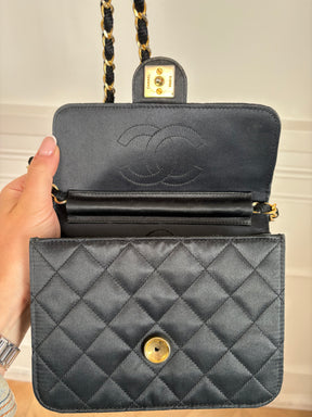 Chanel Black Satin Mini Flap Bag with Gold Hardware