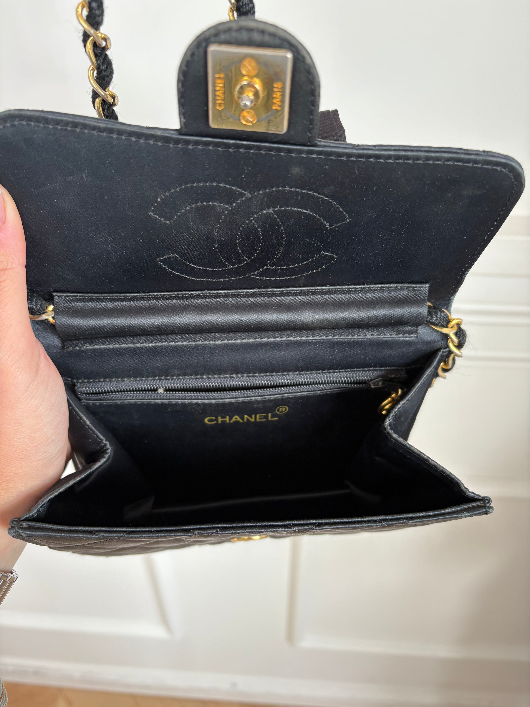 Chanel Black Satin Mini Flap Bag with Gold Hardware