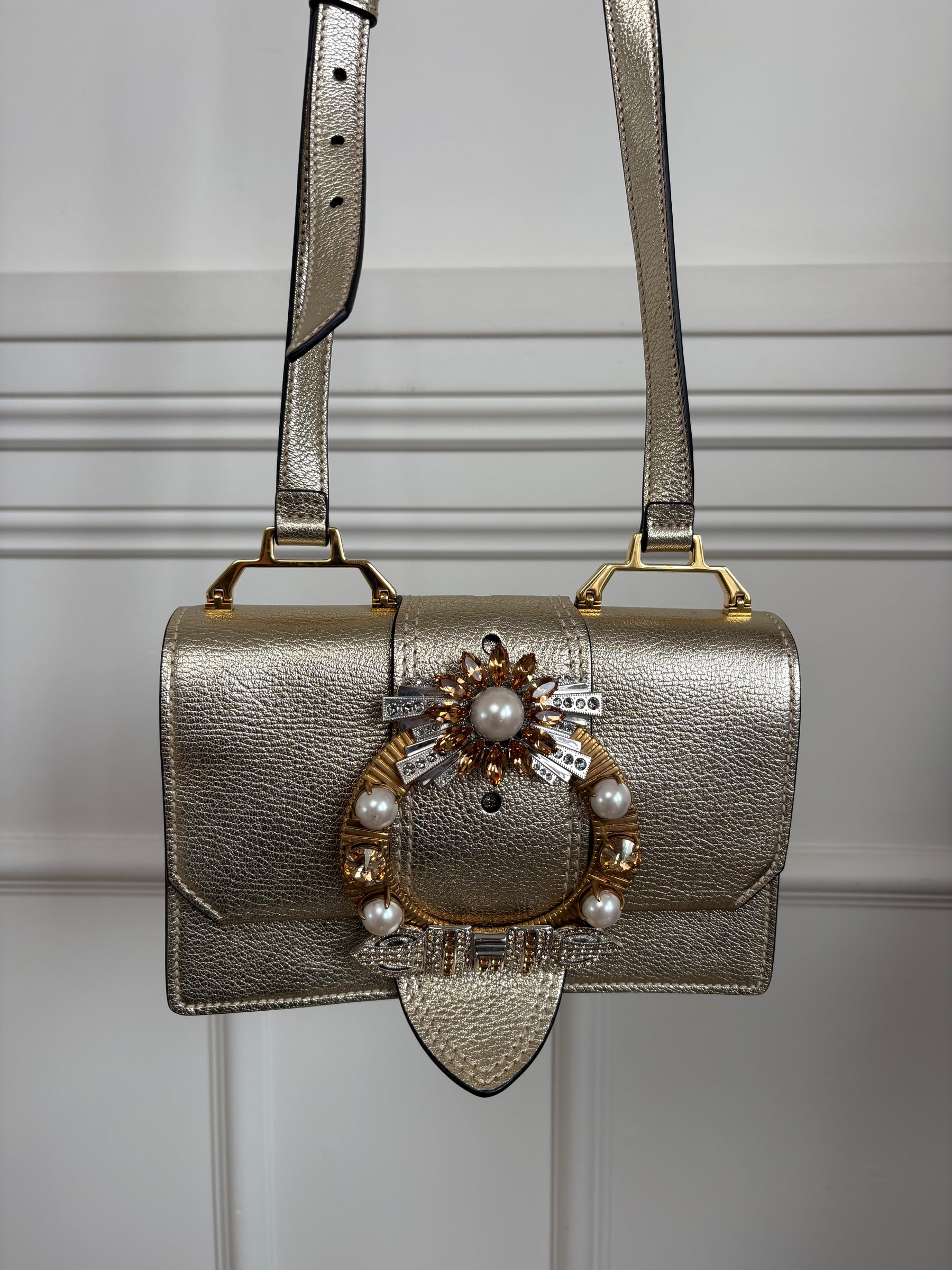 Miu MIu Gold Metallic Leather Crystal Embellished Shoulder Bag