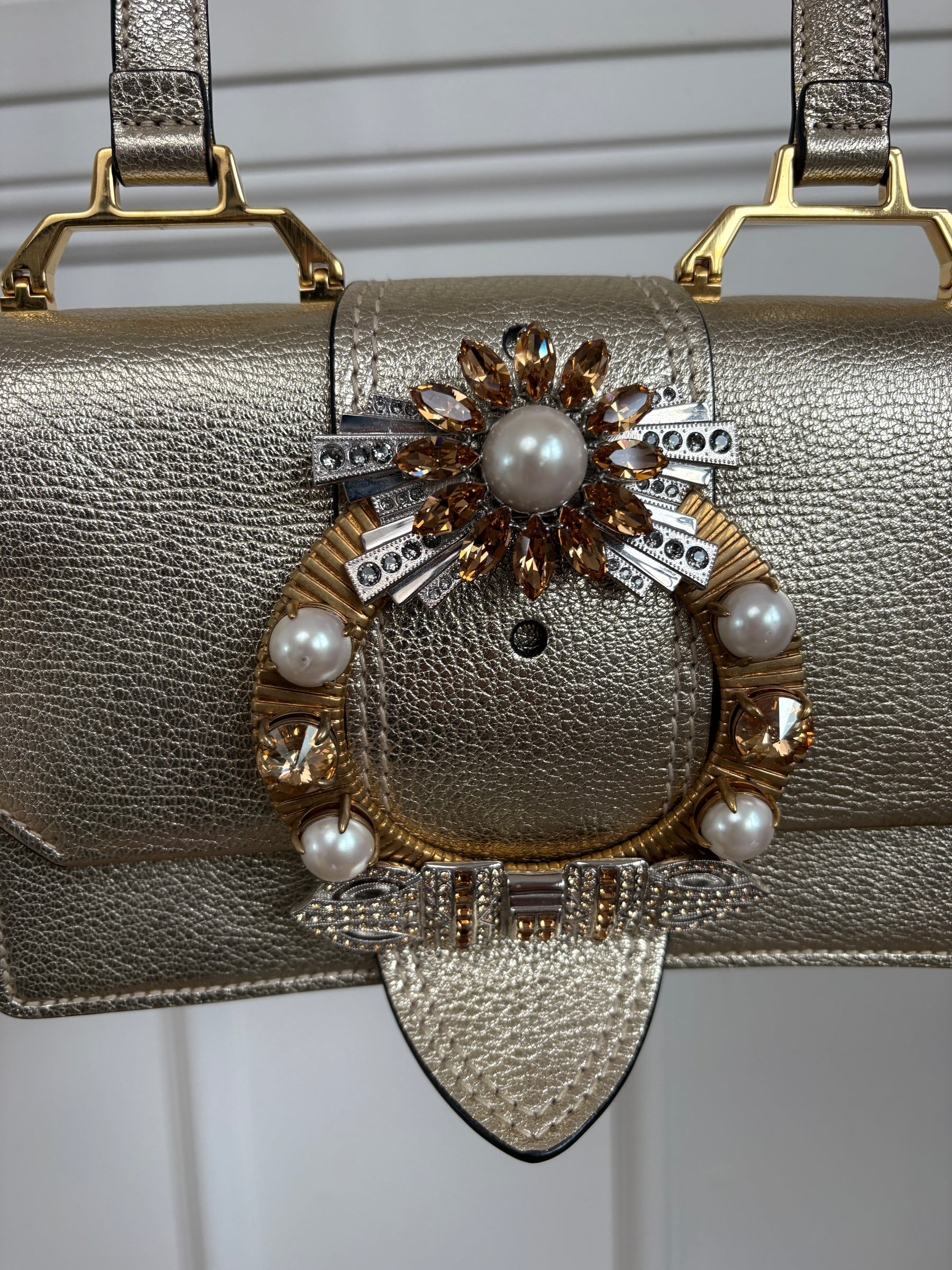 Miu MIu Gold Metallic Leather Crystal Embellished Shoulder Bag