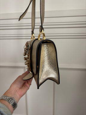 Miu MIu Gold Metallic Leather Crystal Embellished Shoulder Bag