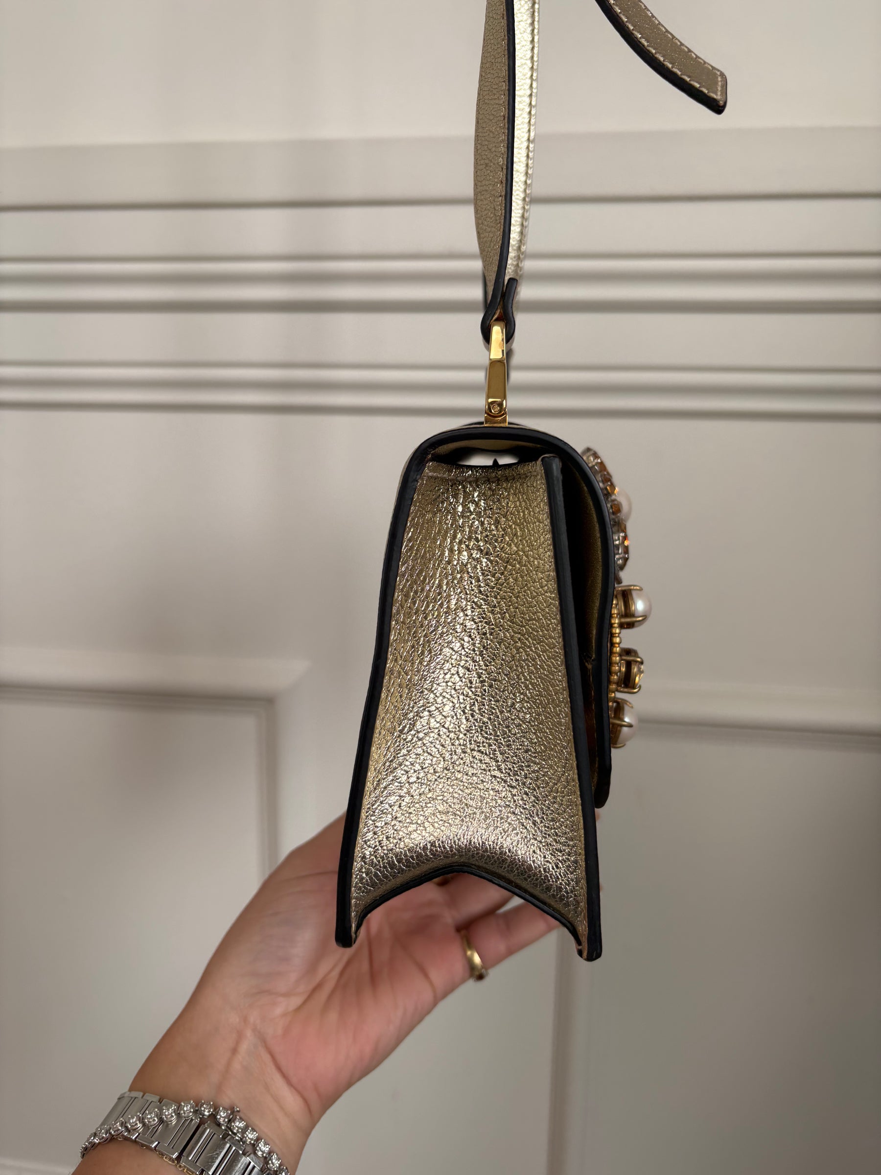 Miu MIu Gold Metallic Leather Crystal Embellished Shoulder Bag