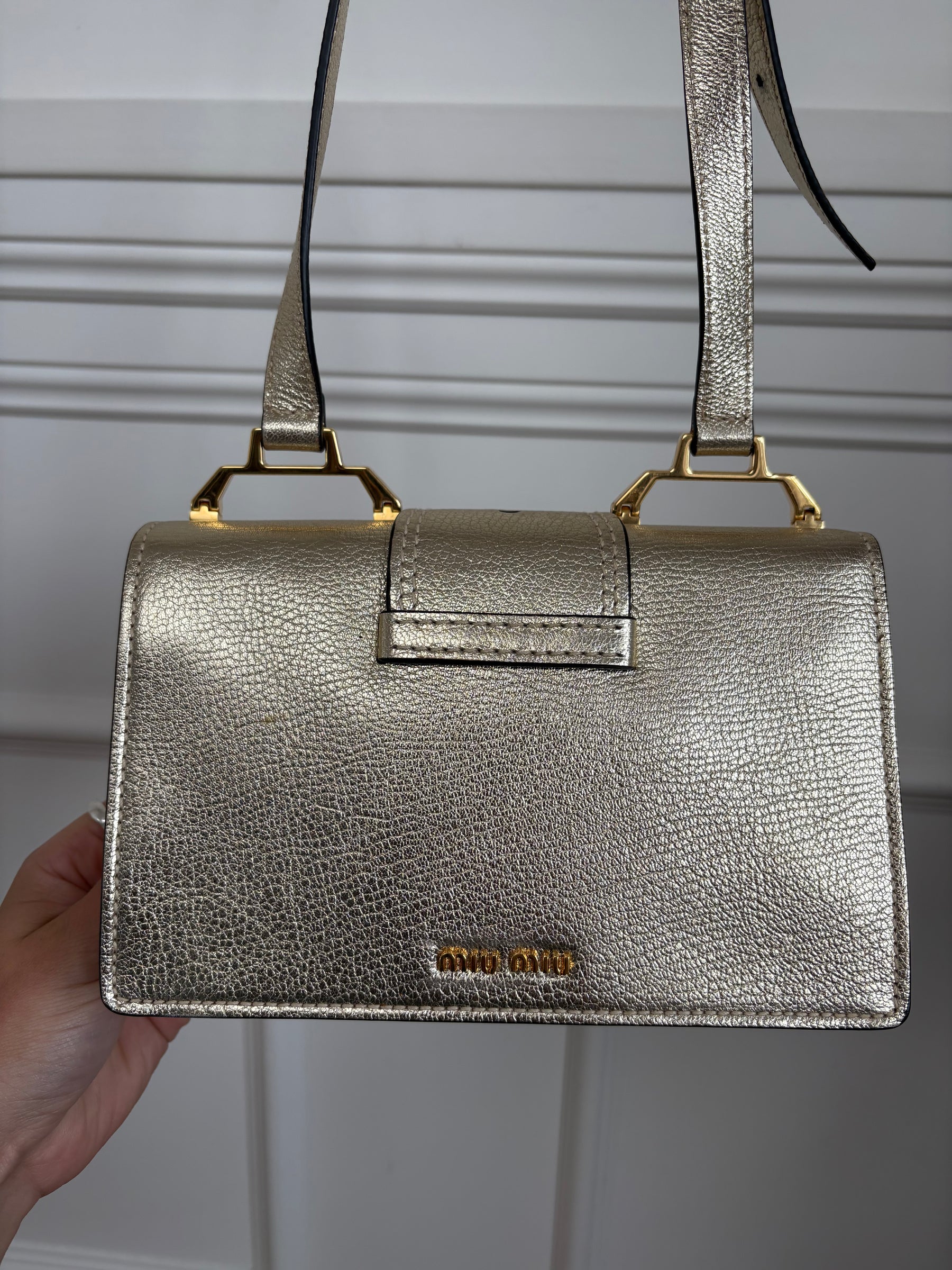 Miu MIu Gold Metallic Leather Crystal Embellished Shoulder Bag