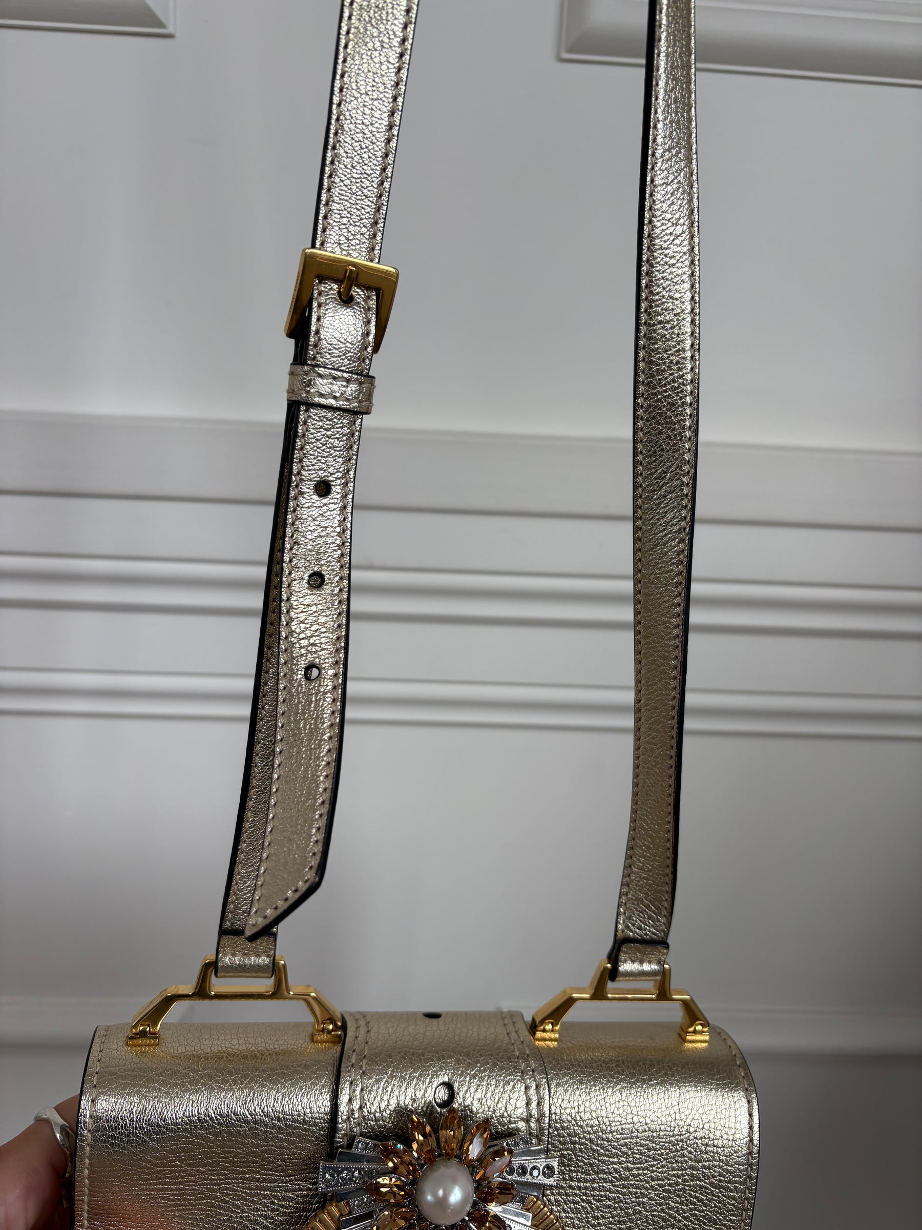 Miu MIu Gold Metallic Leather Crystal Embellished Shoulder Bag