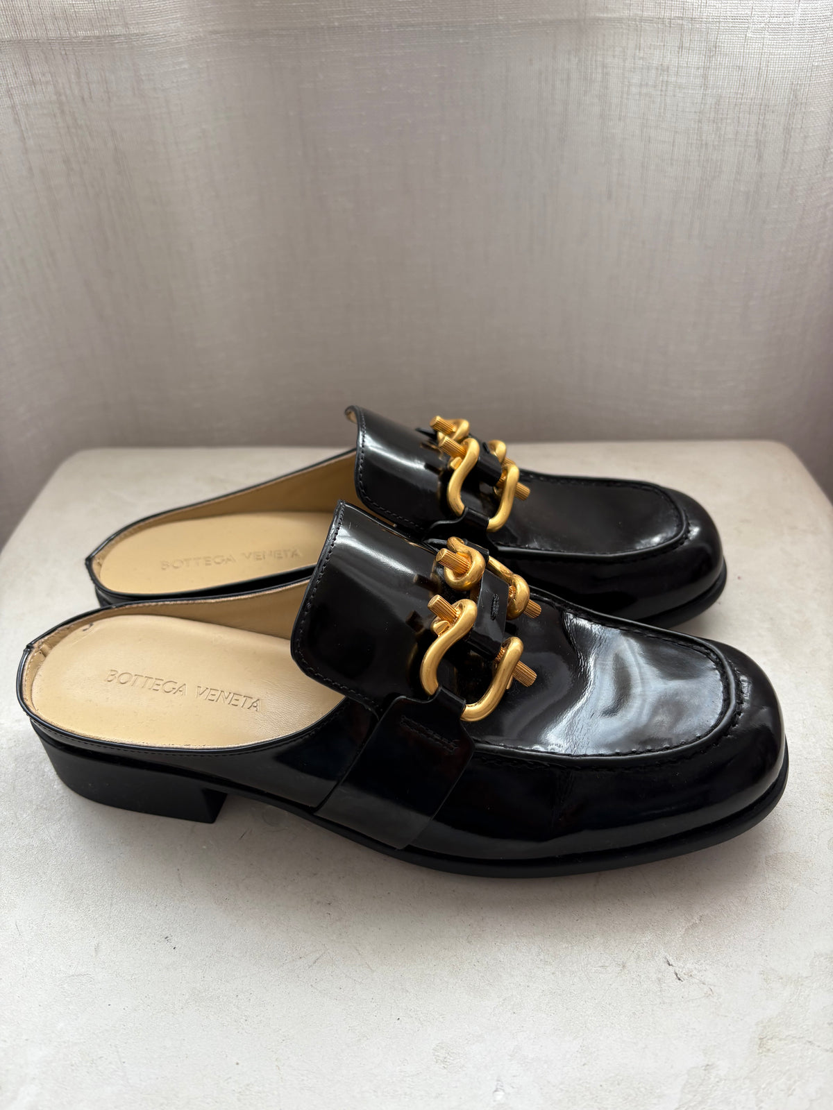 Bottega Veneta Black Patent Leather Gold Buckle Mule, 38