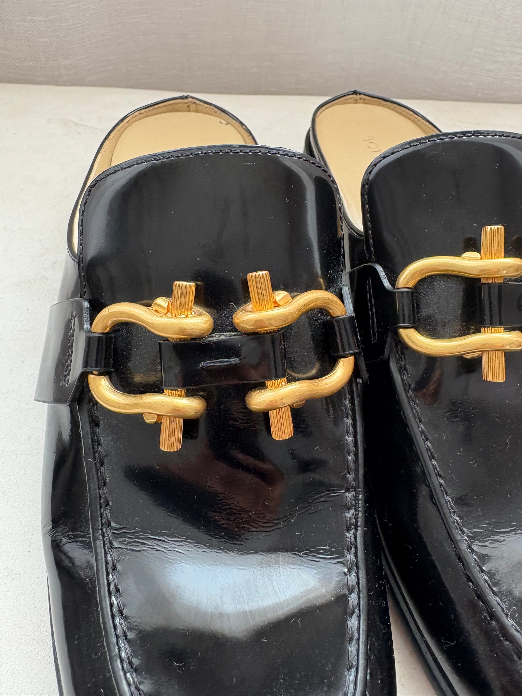 Bottega Veneta Black Patent Leather Gold Buckle Mule, 38