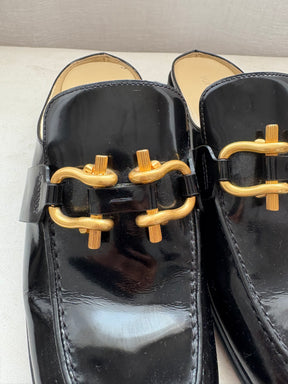 Bottega Veneta Black Patent Leather Gold Buckle Mule, 38