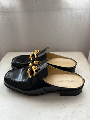 Bottega Veneta Black Patent Leather Gold Buckle Mule, 38