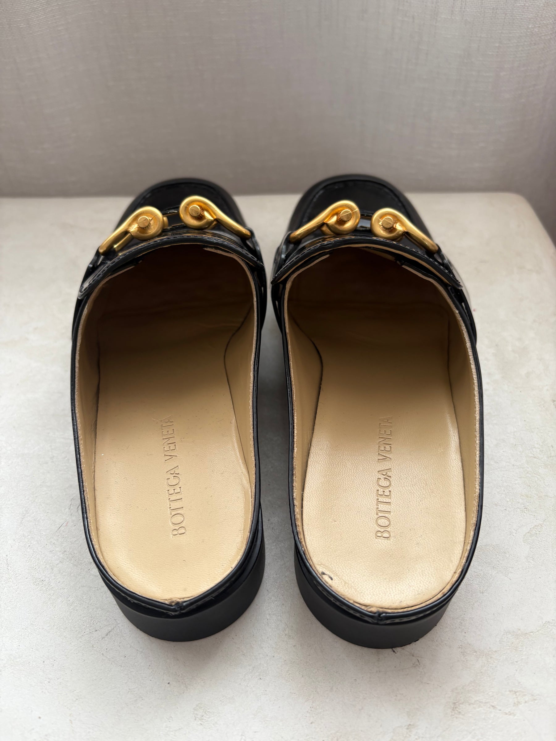 Bottega Veneta Black Patent Leather Gold Buckle Mule, 38