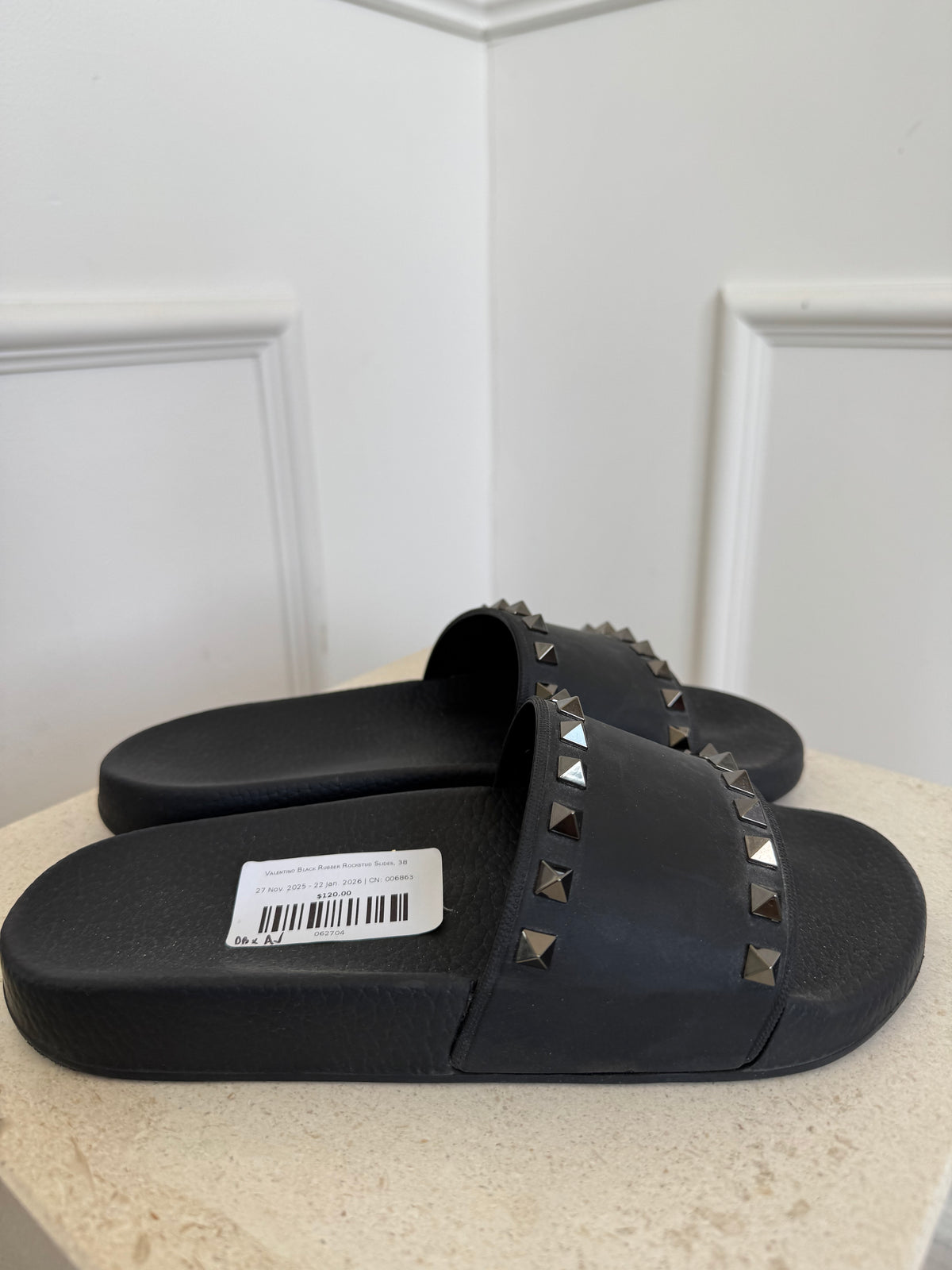 Valentino Black Rubber Rockstud Slides, 38