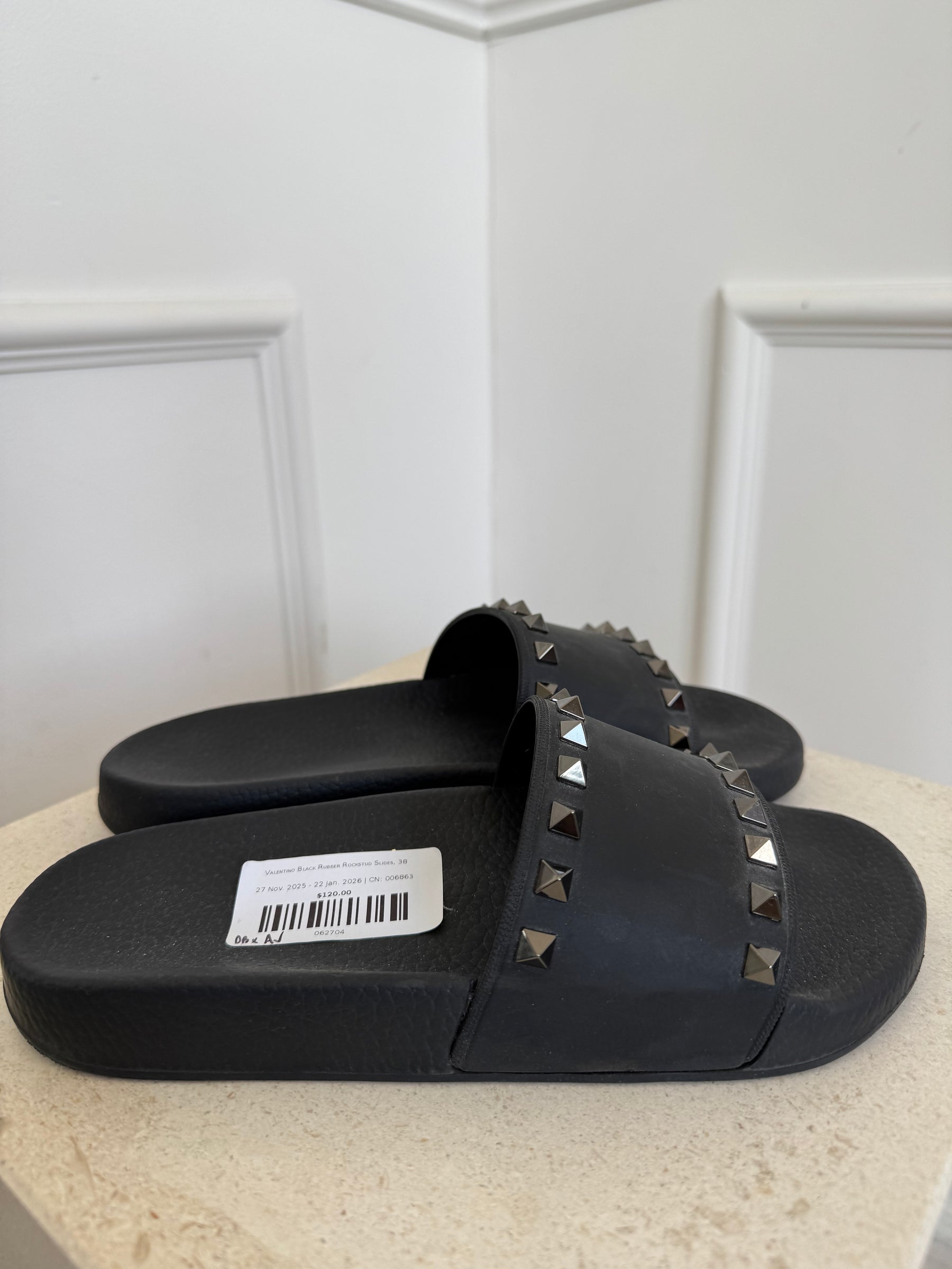 Valentino Black Rubber Rockstud Slides, 38