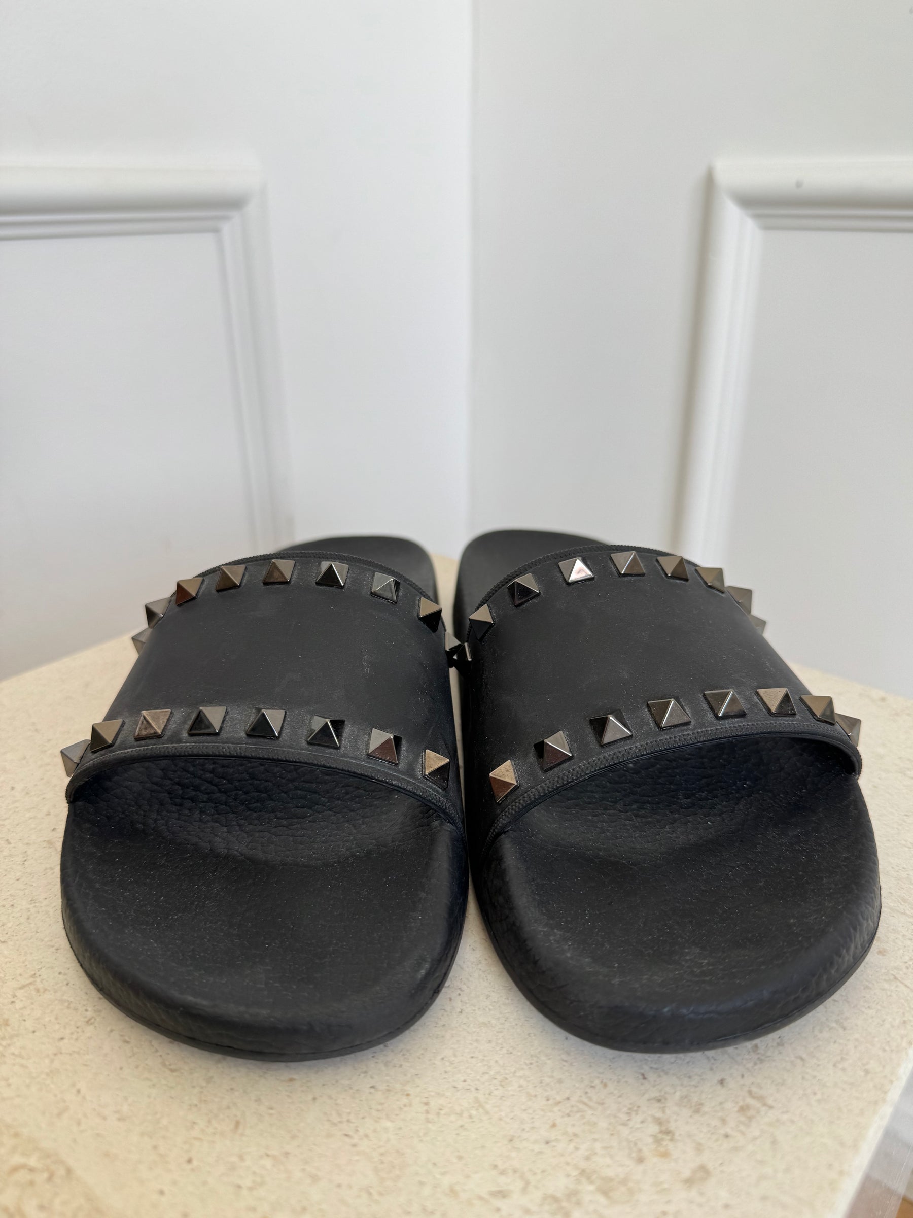 Valentino Black Rubber Rockstud Slides, 38