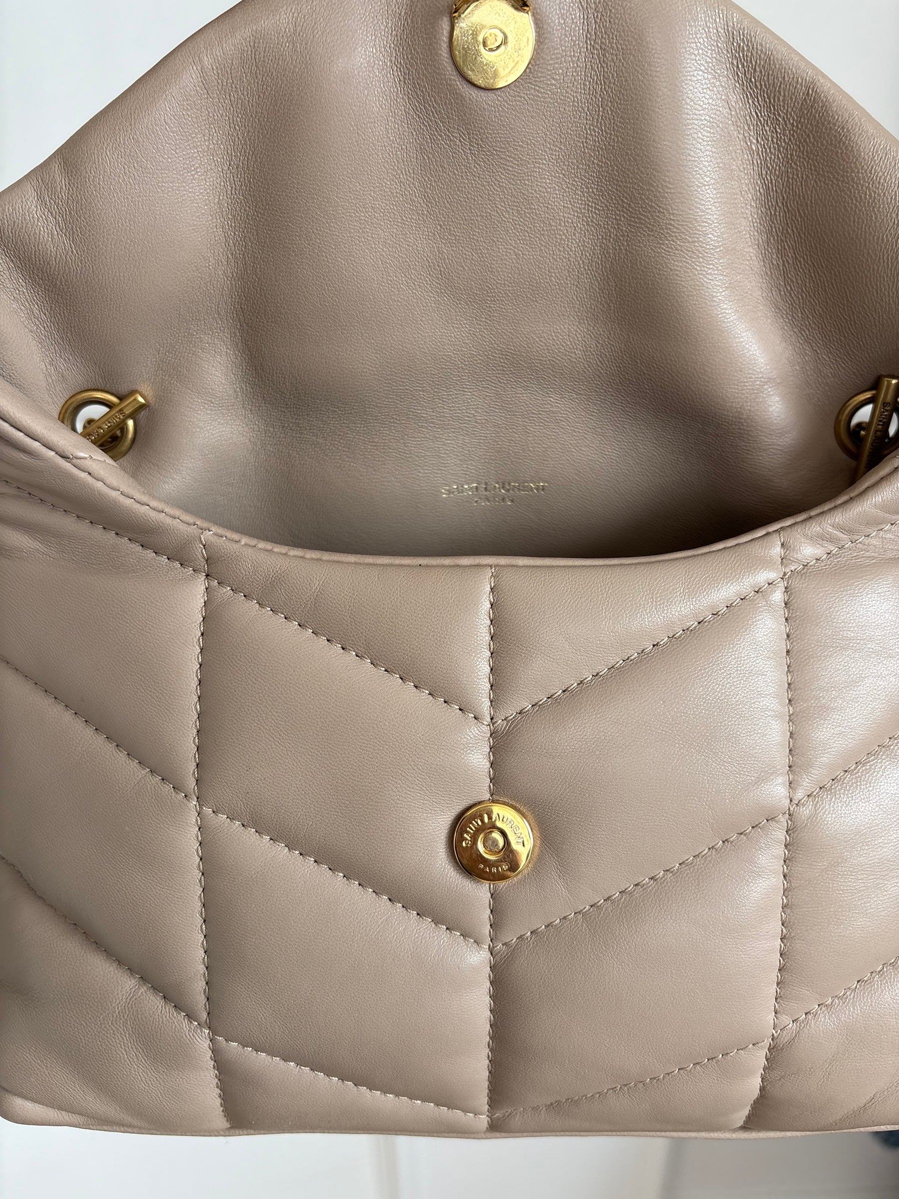 Saint Laurent Toy Puffer In Lambskin Dark Beige