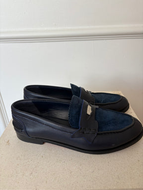 Christian Louboutin Navy Leather And Suede Penny Loafers, 37
