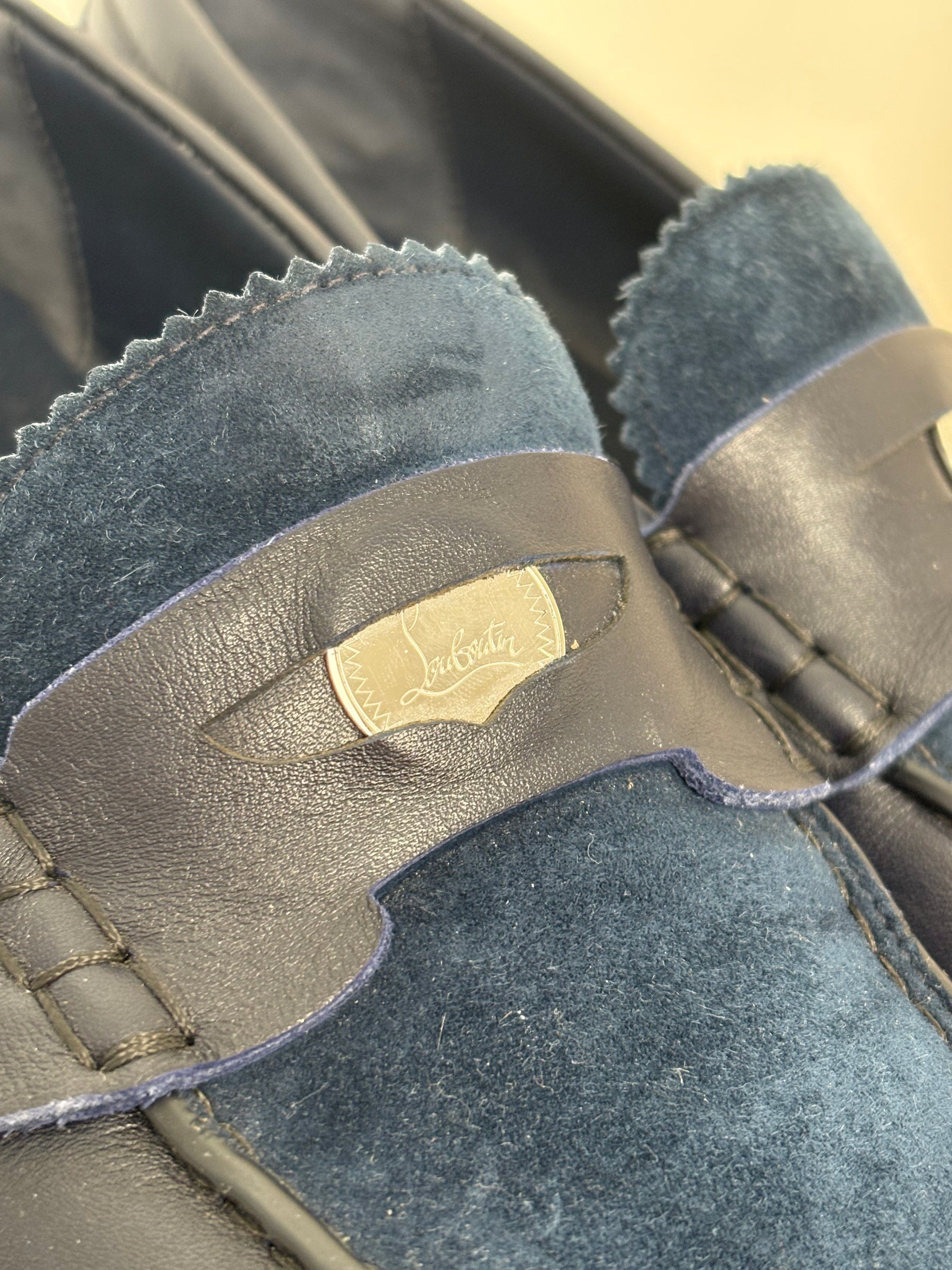 Christian Louboutin Navy Leather And Suede Penny Loafers, 37