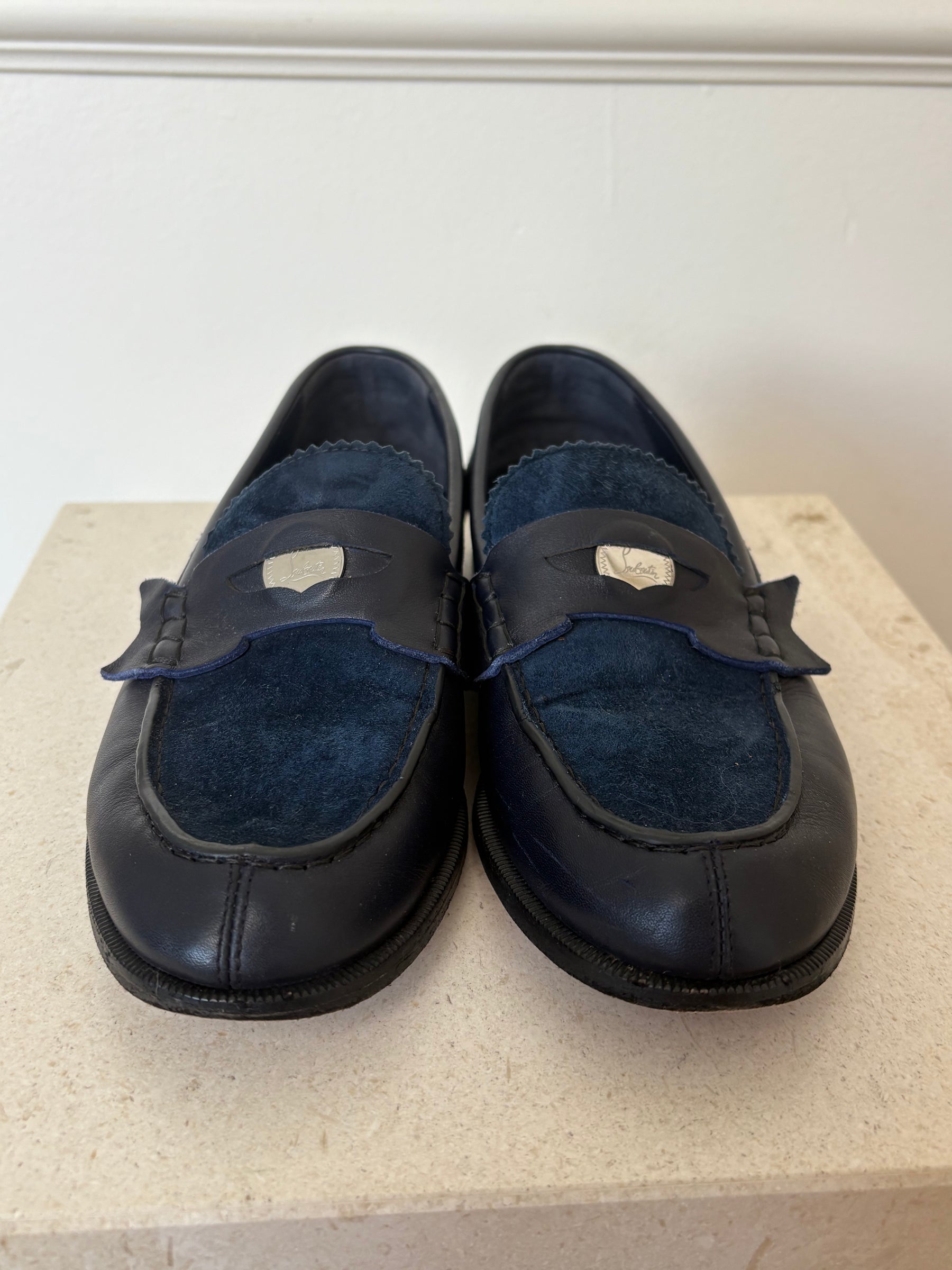 Christian Louboutin Navy Leather And Suede Penny Loafers, 37