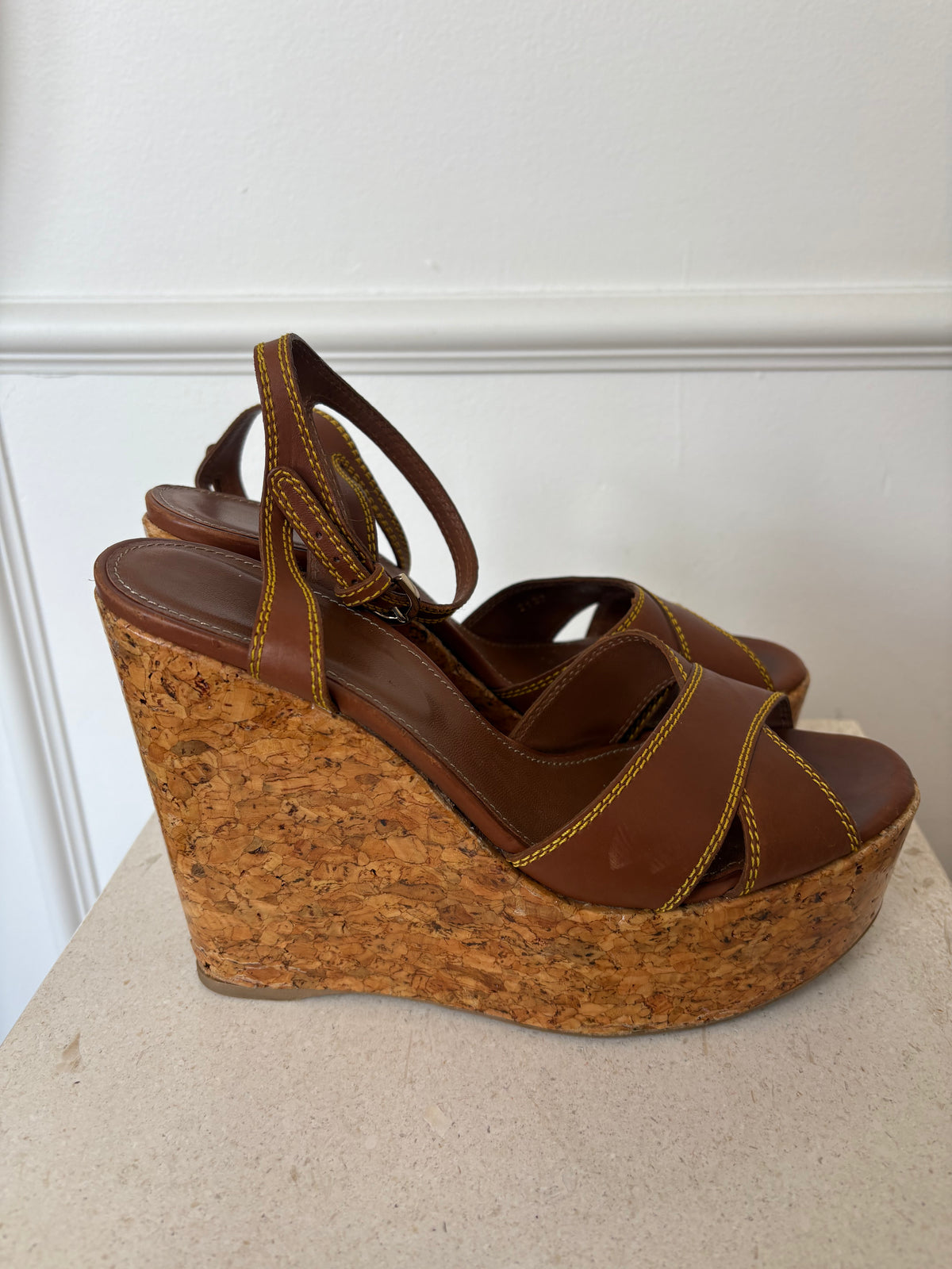 Sergio Rossi Brown Leather Sergio Cork Wedge Heels, 39