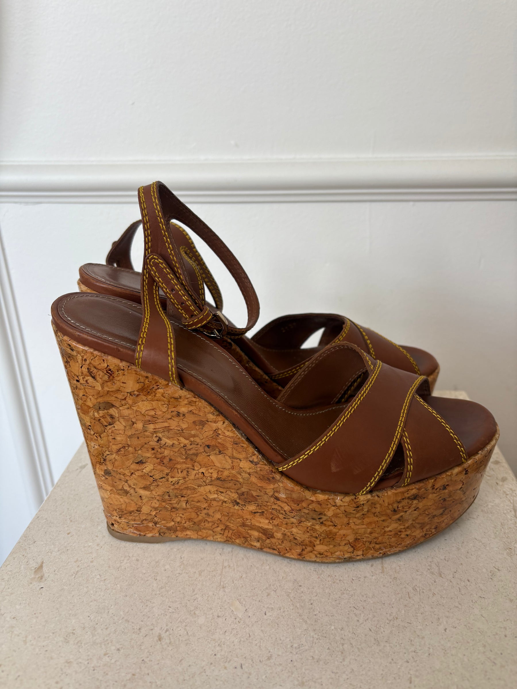 Sergio Rossi Brown Leather Sergio Cork Wedge Heels, 39