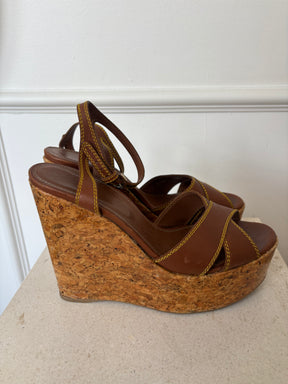 Sergio Rossi Brown Leather Sergio Cork Wedge Heels, 39