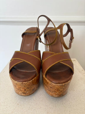 Sergio Rossi Brown Leather Sergio Cork Wedge Heels, 39