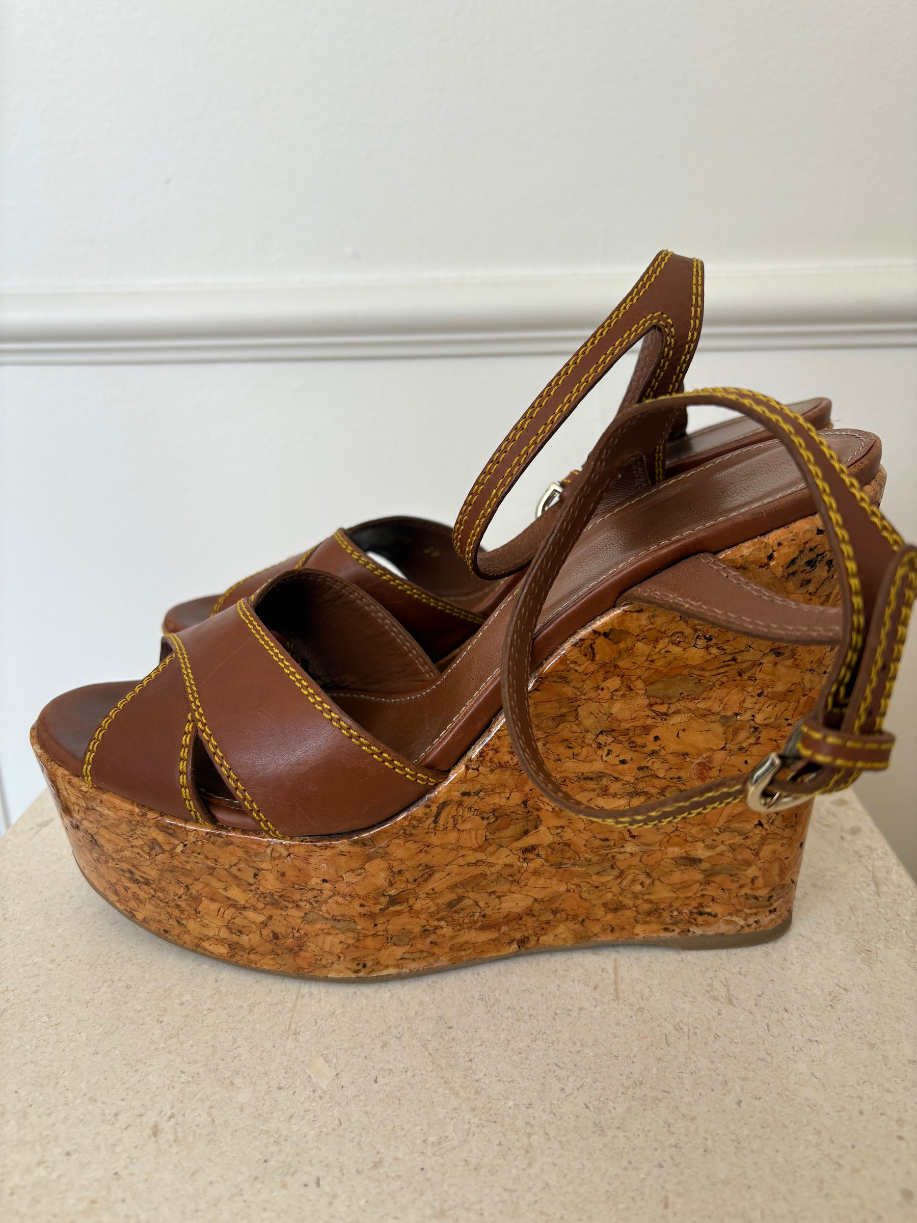 Sergio Rossi Brown Leather Sergio Cork Wedge Heels, 39