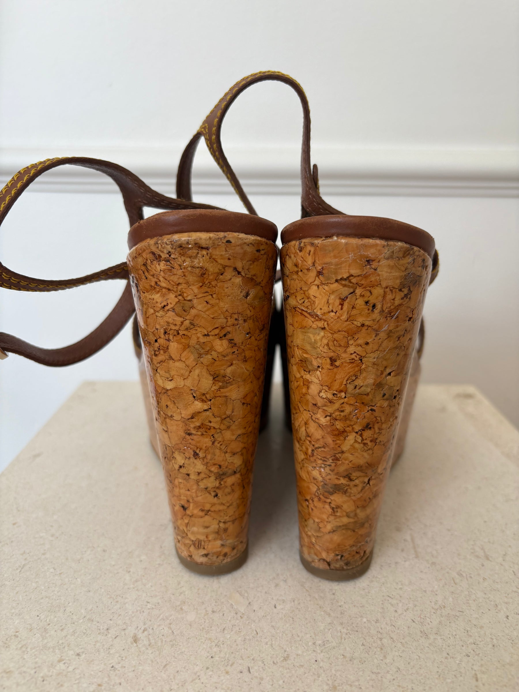 Sergio Rossi Brown Leather Sergio Cork Wedge Heels, 39