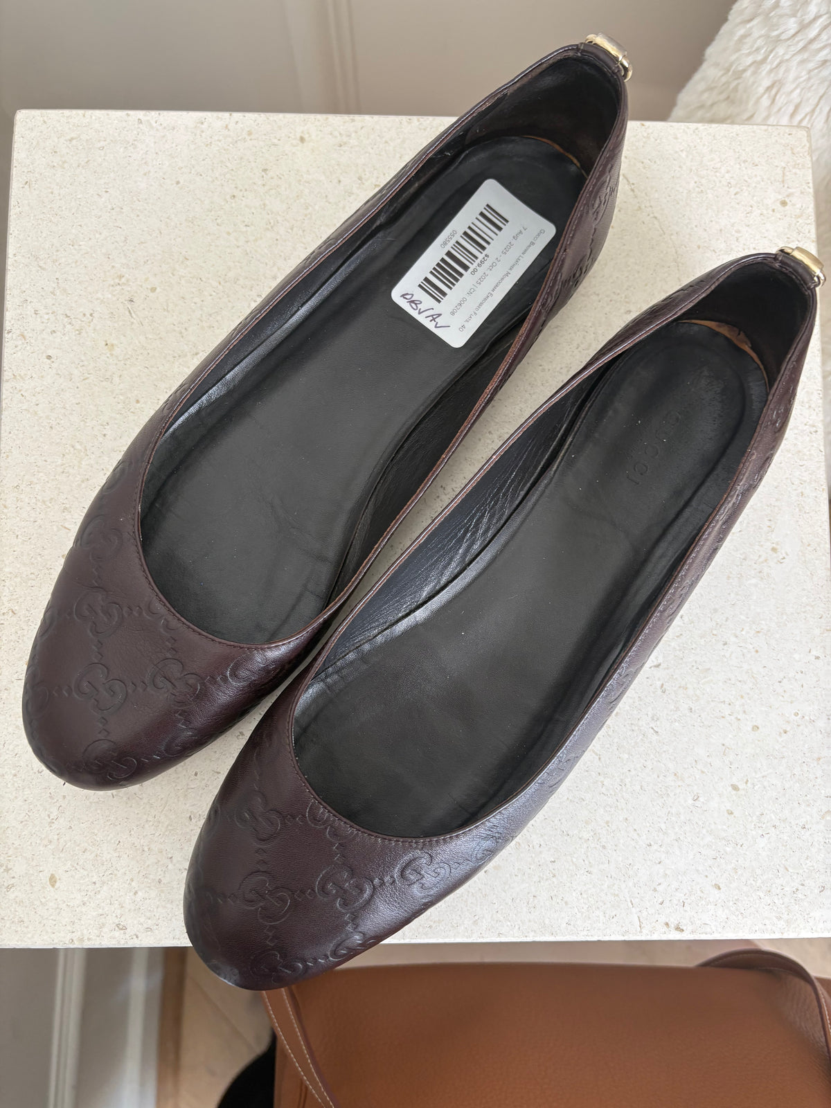 Gucci Brown Leather Monogram Embossed Flats, 40