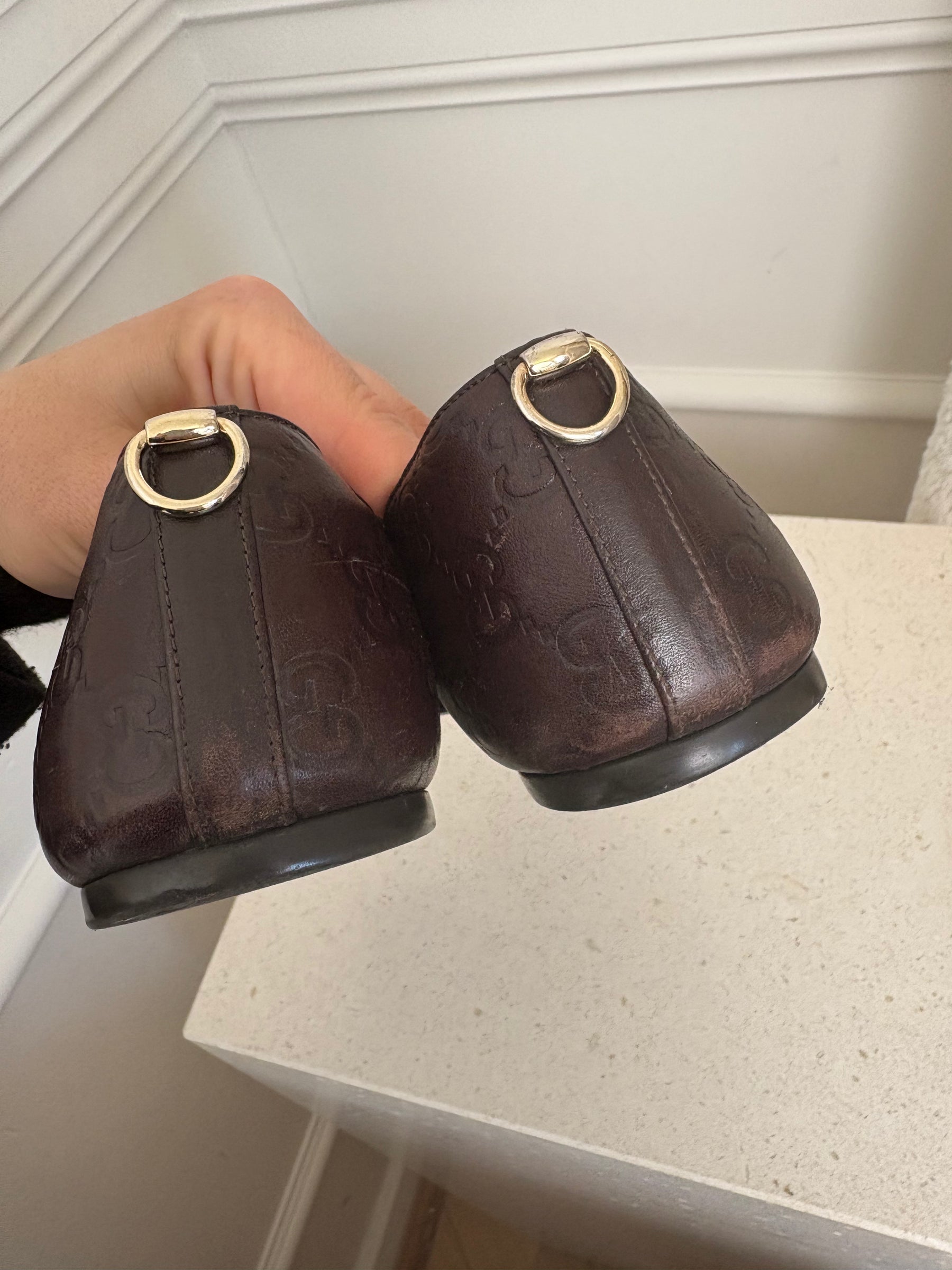 Gucci Brown Leather Monogram Embossed Flats, 40