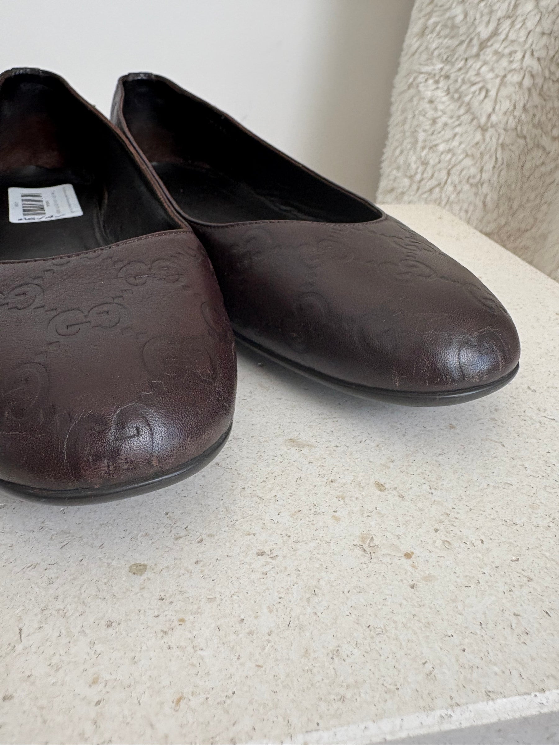 Gucci Brown Leather Monogram Embossed Flats, 40