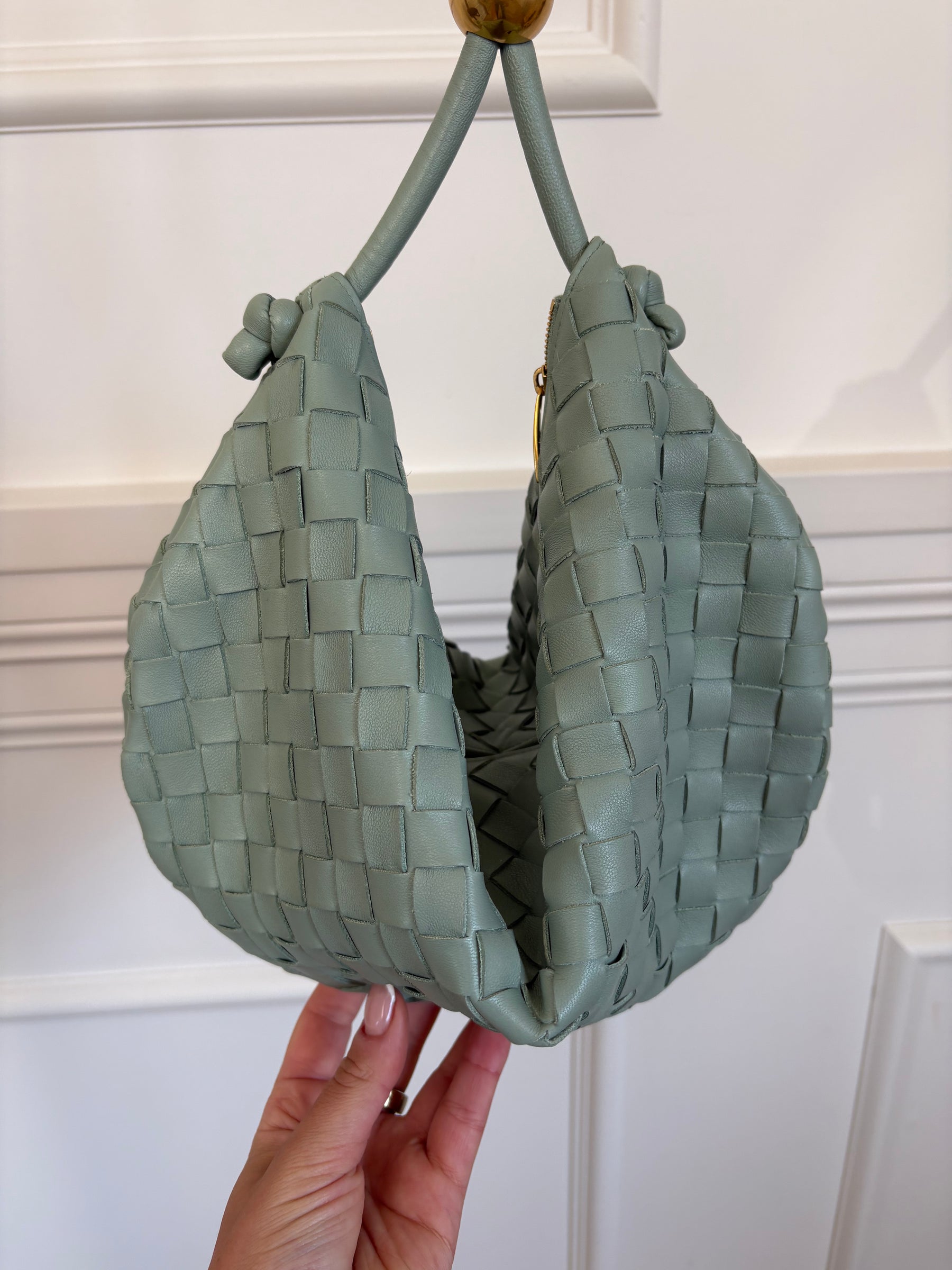 Bottega Veneta Sage Green Intrecciato Leather Turn Pouch Bag