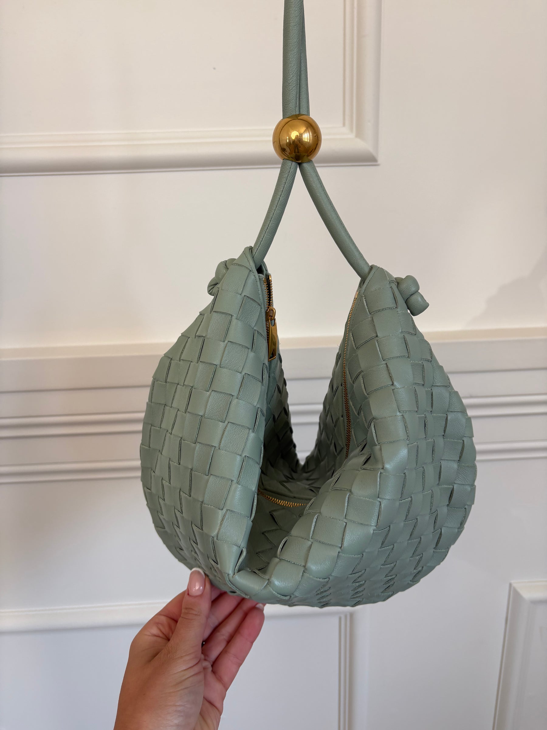 Bottega Veneta Sage Green Intrecciato Leather Turn Pouch Bag