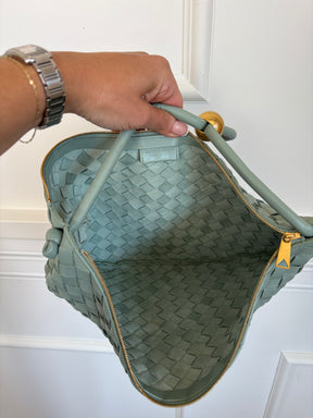 Bottega Veneta Sage Green Intrecciato Leather Turn Pouch Bag