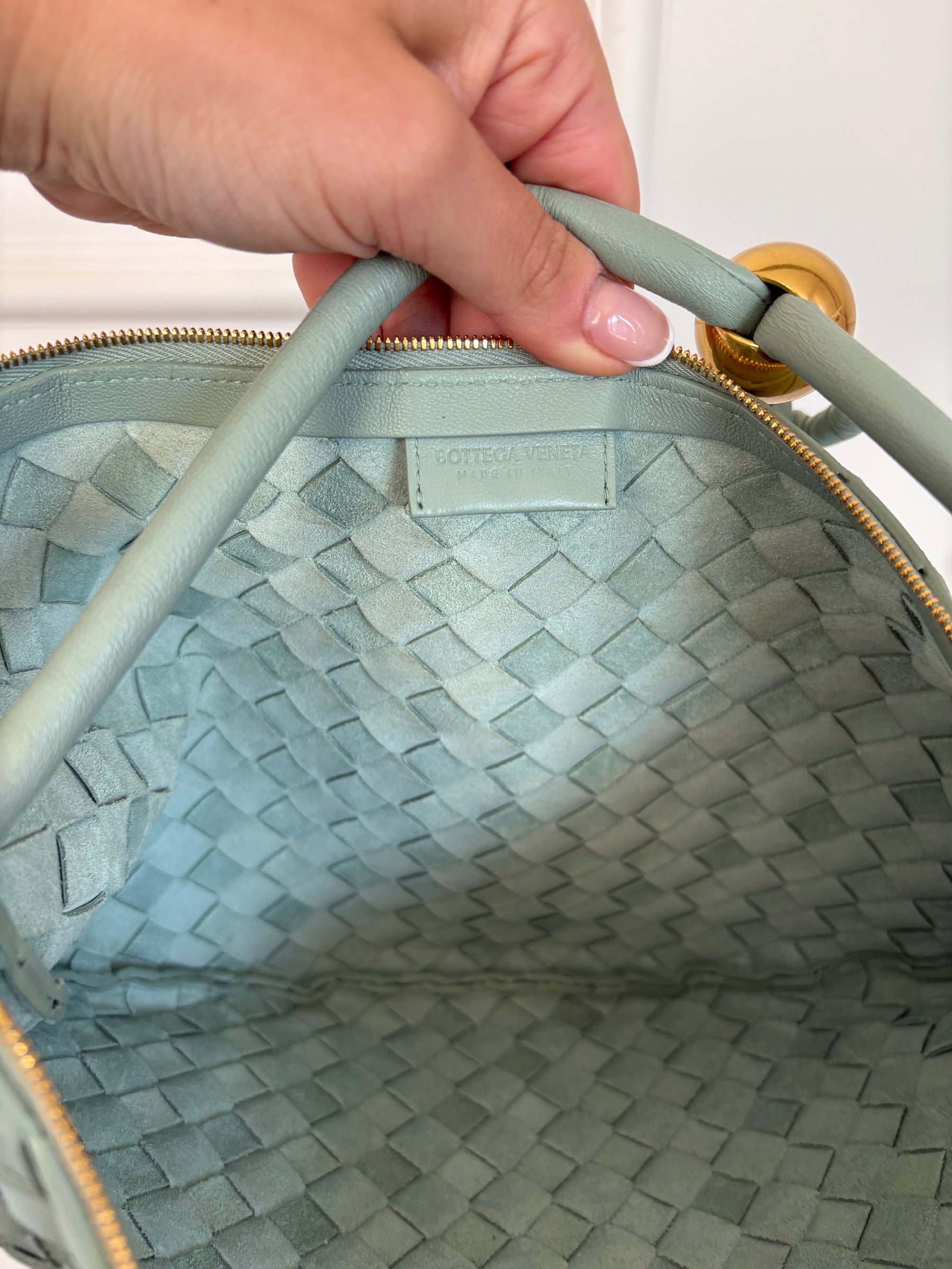 Bottega Veneta Sage Green Intrecciato Leather Turn Pouch Bag