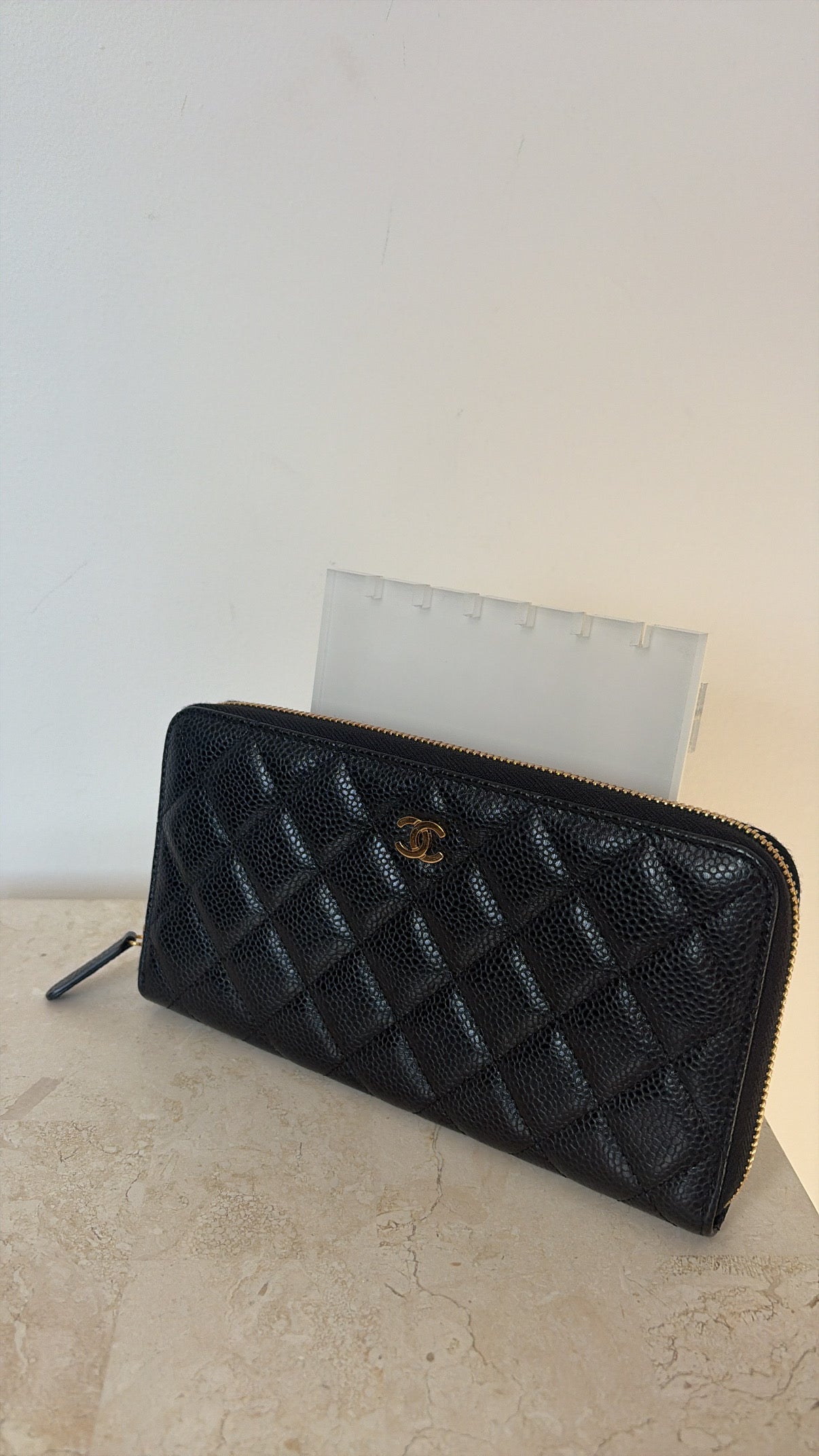 Chanel Black Caviar Leather Zip Around Wallet