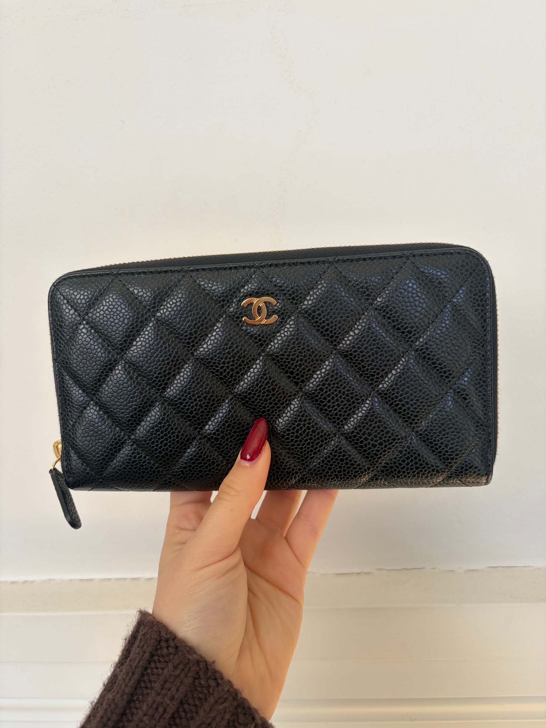 Chanel Black Caviar Leather Zip Around Wallet
