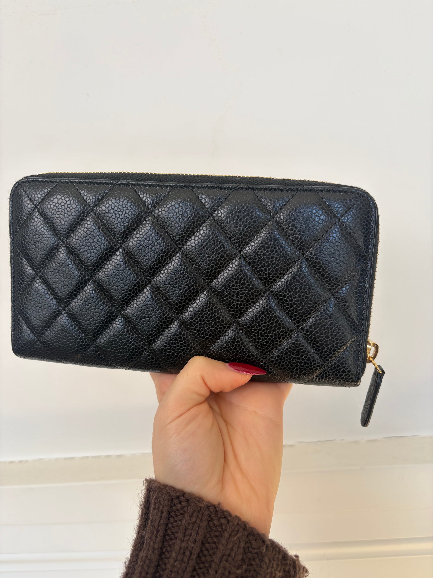 Chanel Black Caviar Leather Zip Around Wallet