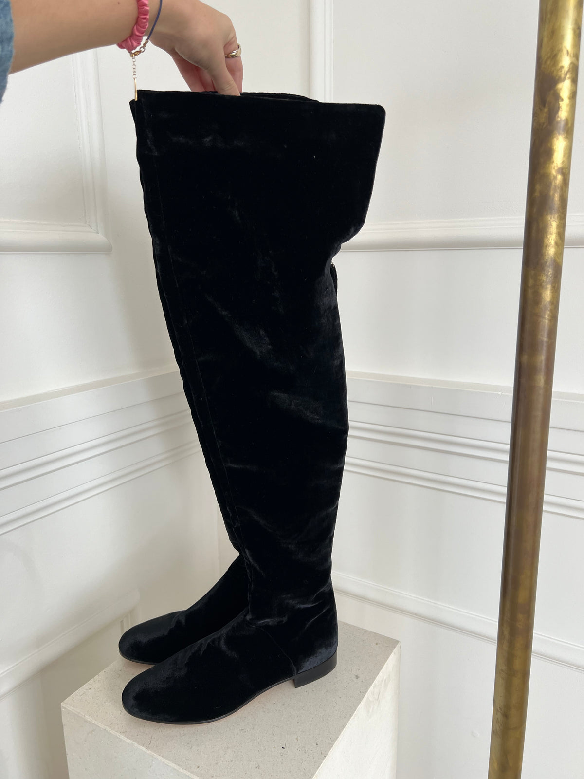 Alberta Feretti Black Velvet Knee High Flat Boots, 38