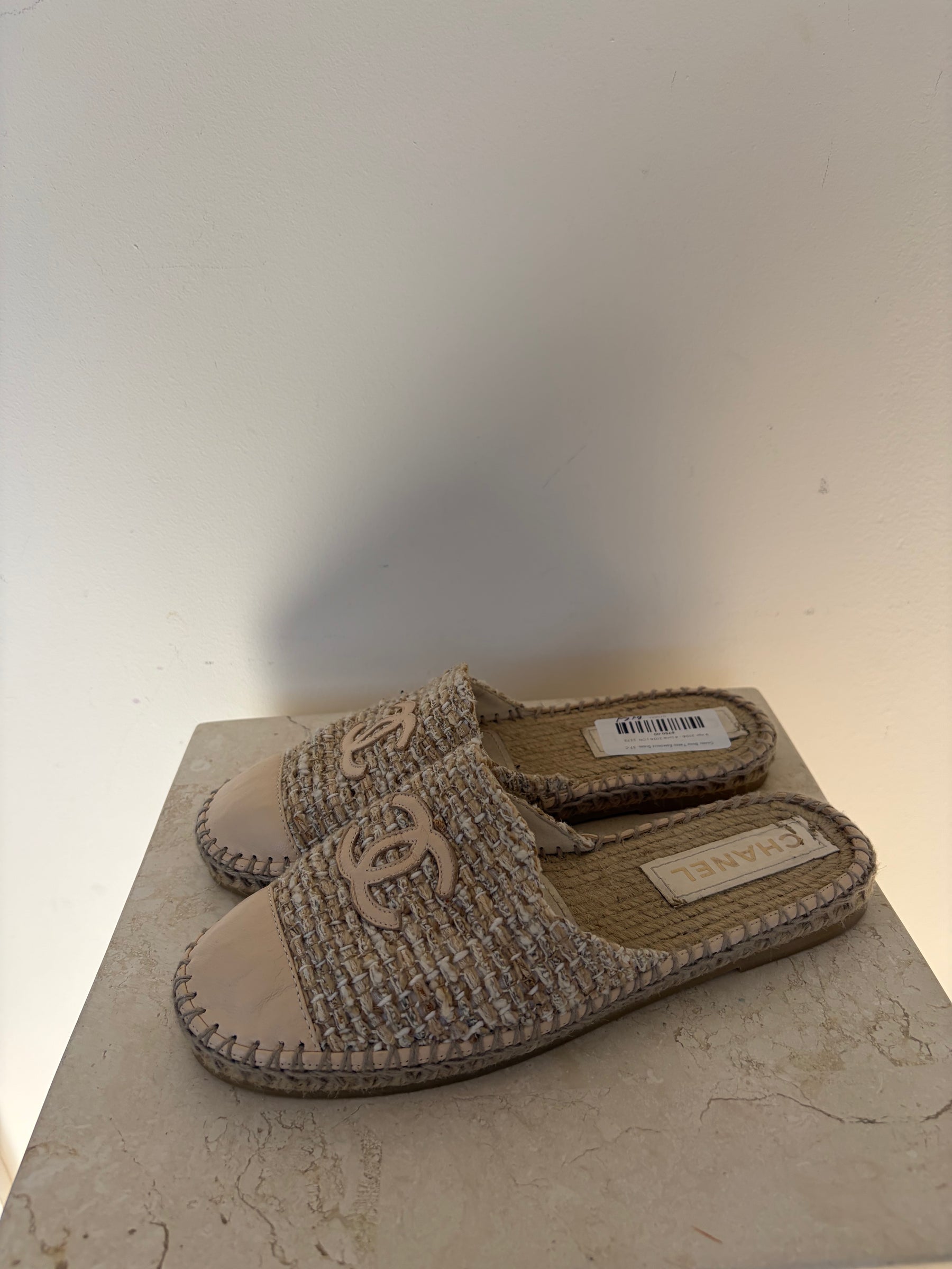 Chanel Beige Tweed Espadrille Slides, 37 C