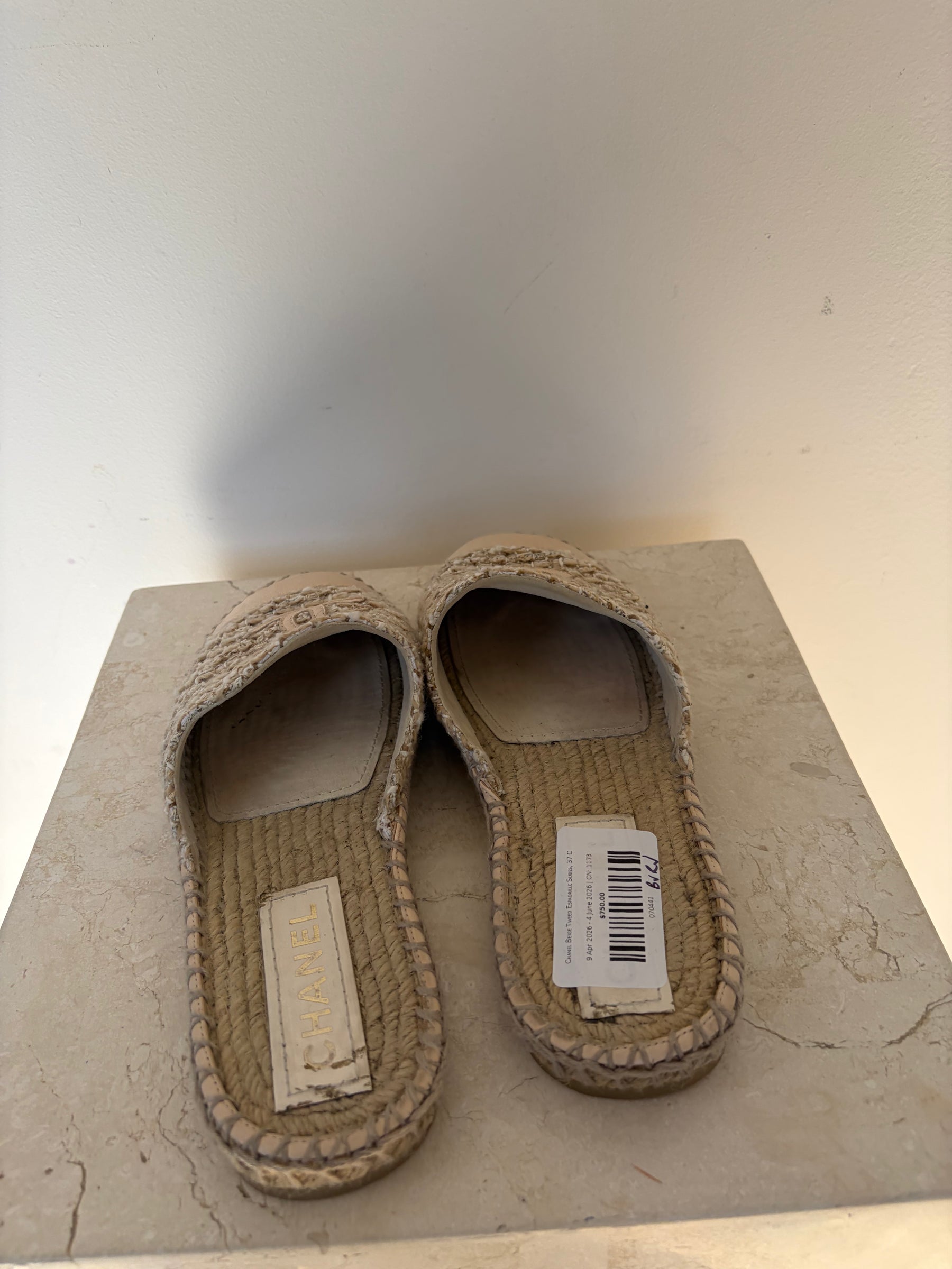 Chanel Beige Tweed Espadrille Slides, 37 C