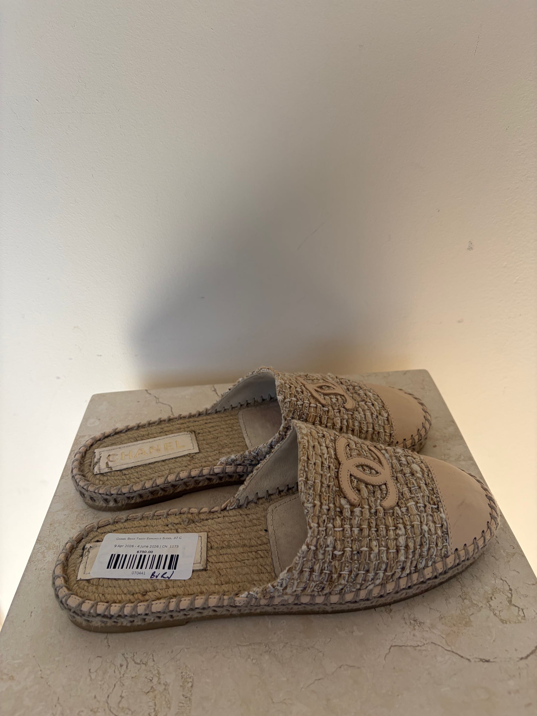 Chanel Beige Tweed Espadrille Slides, 37 C