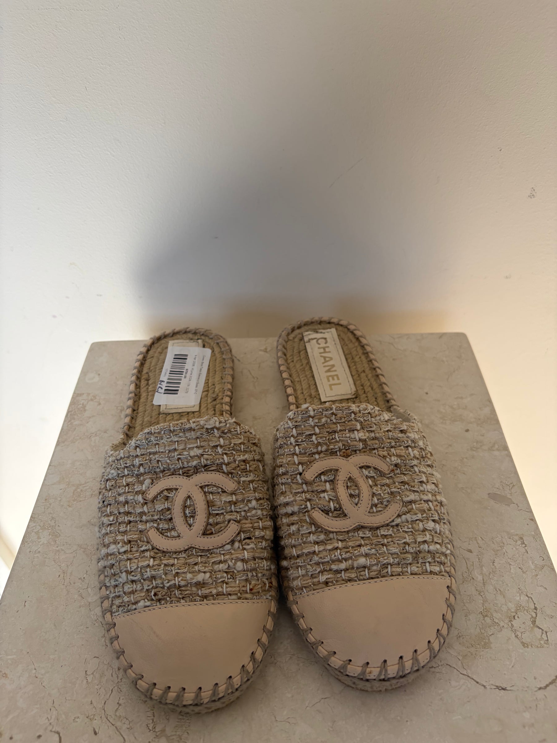 Chanel Beige Tweed Espadrille Slides, 37 C