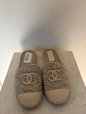 Chanel Beige Tweed Espadrille Slides, 37 C