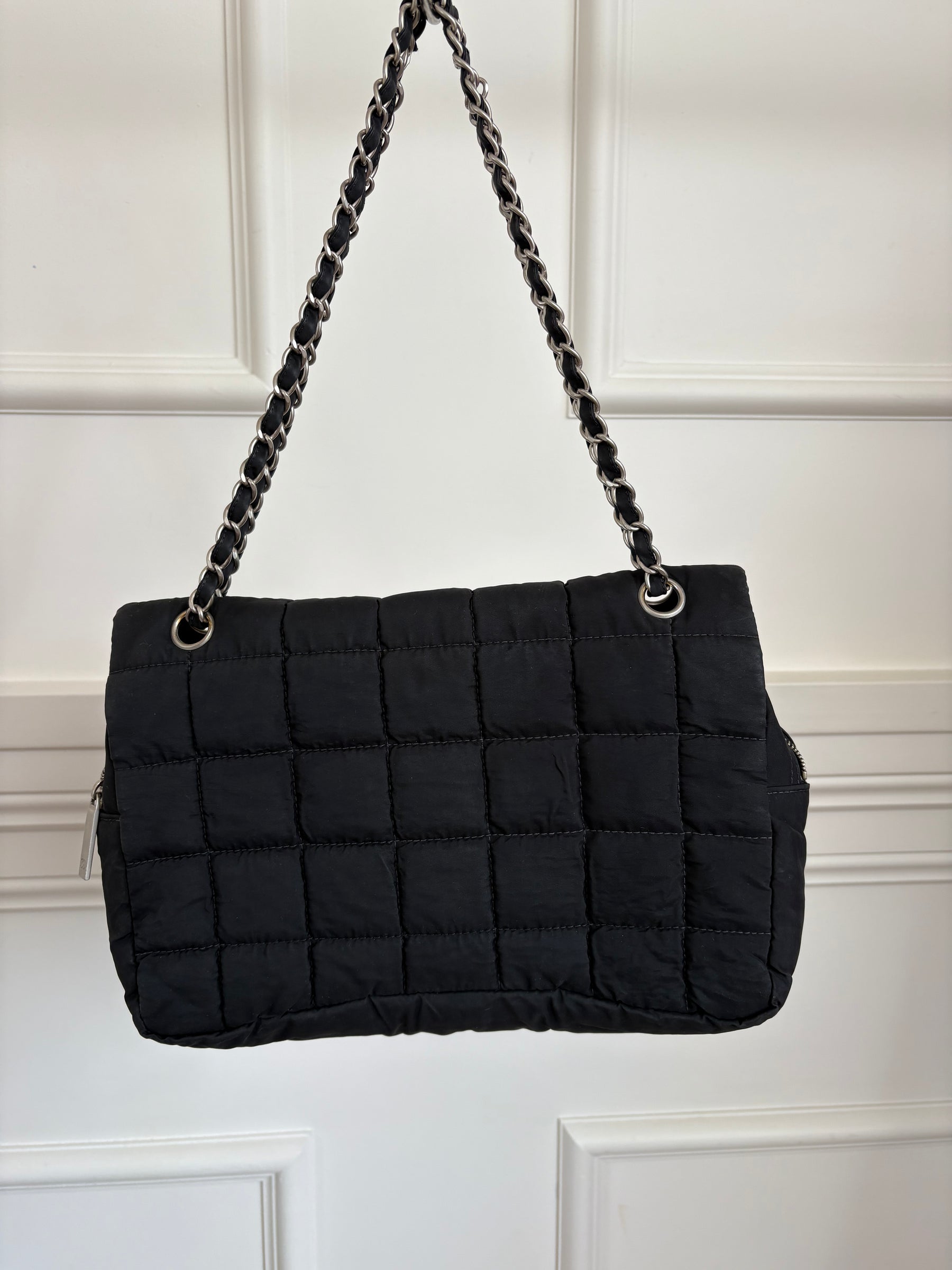 Chanel Black Nylon Chocolate Bar Quilted Flap Bag