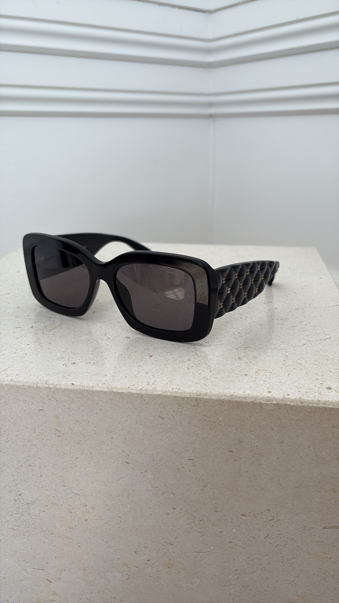Chanel Black Acetate Square Quilted Arm Sunglasses