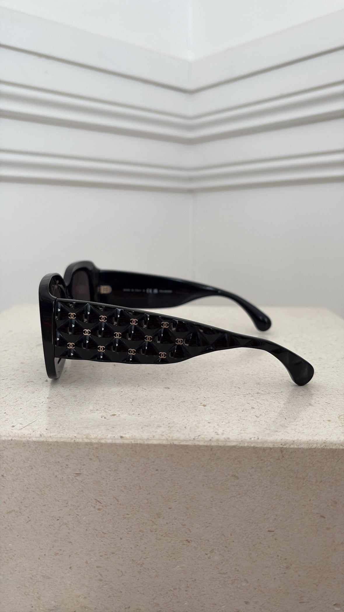 Chanel Black Acetate Square Quilted Arm Sunglasses
