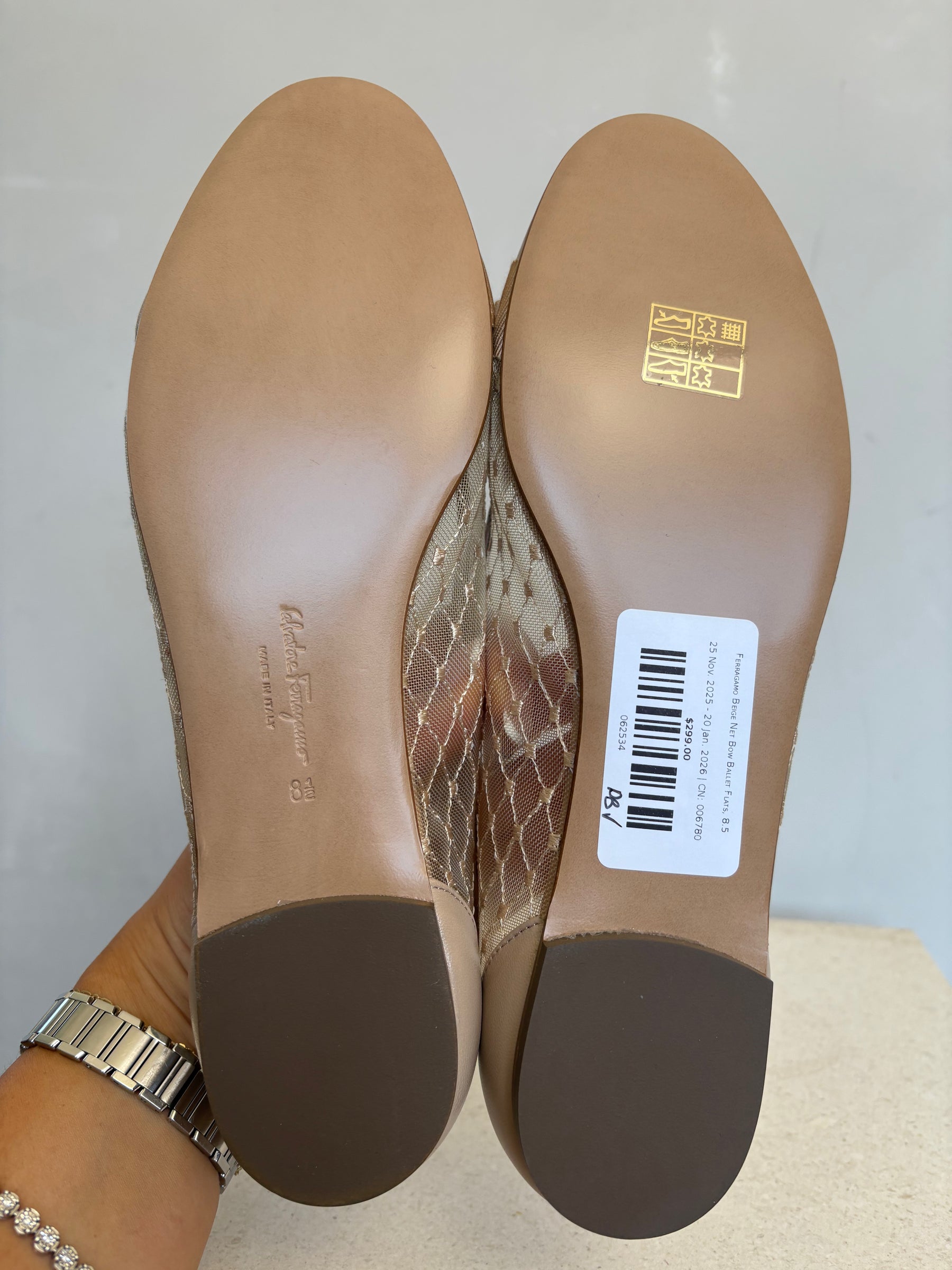 Ferragamo Beige Net Bow Ballet Flats, 8.5