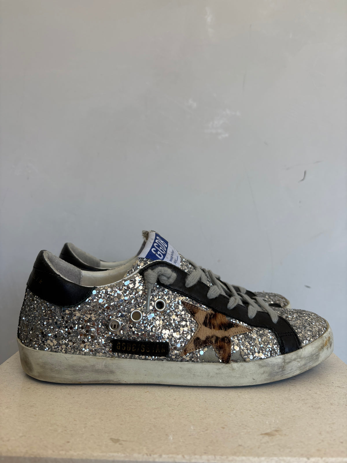 Golden Goose Black and Silver Glitter Superstar Sneakers, 39