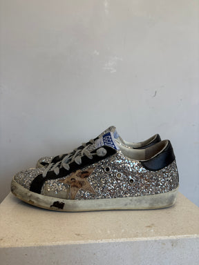 Golden Goose Black and Silver Glitter Superstar Sneakers, 39