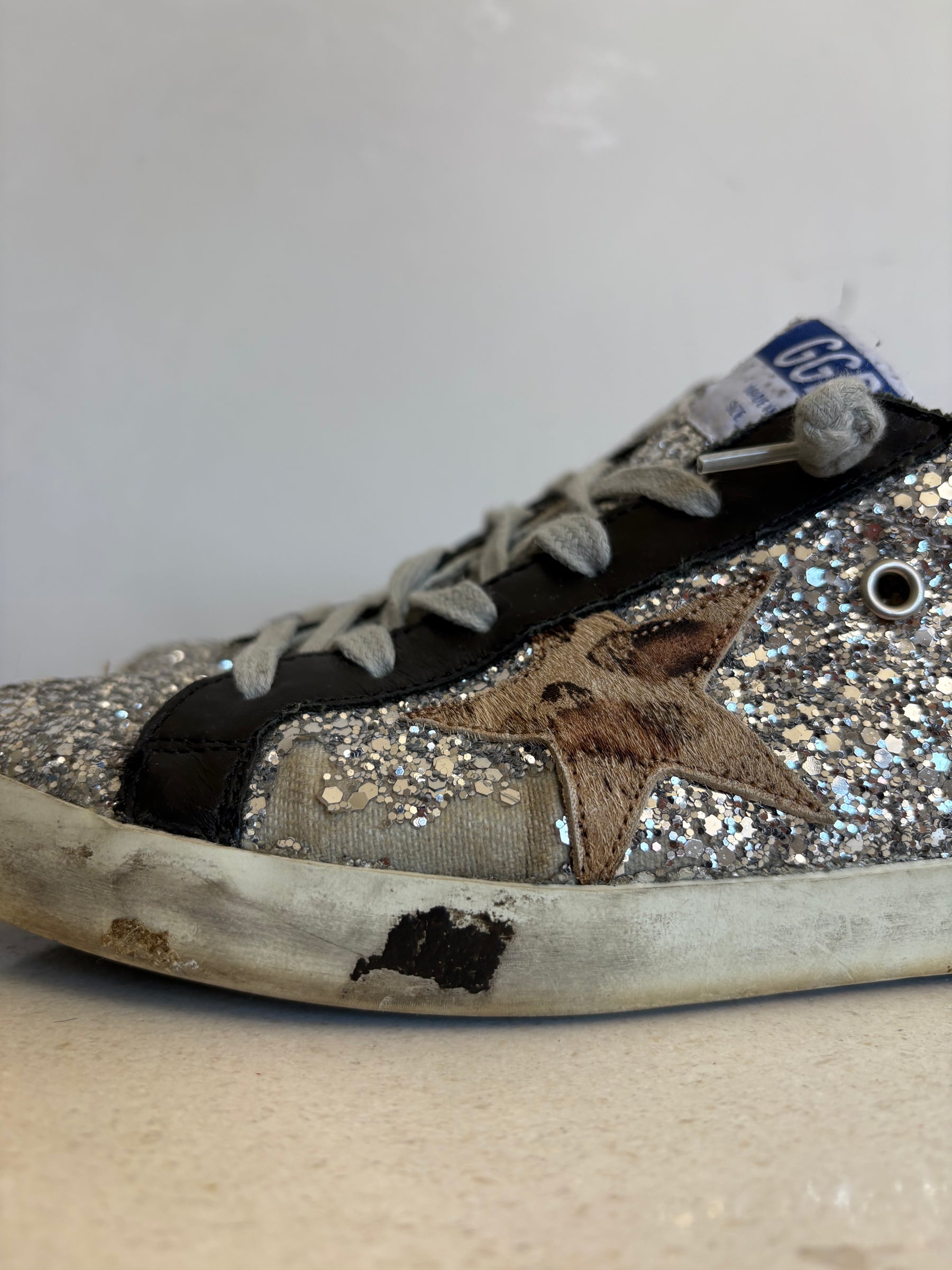 Golden Goose Black and Silver Glitter Superstar Sneakers, 39