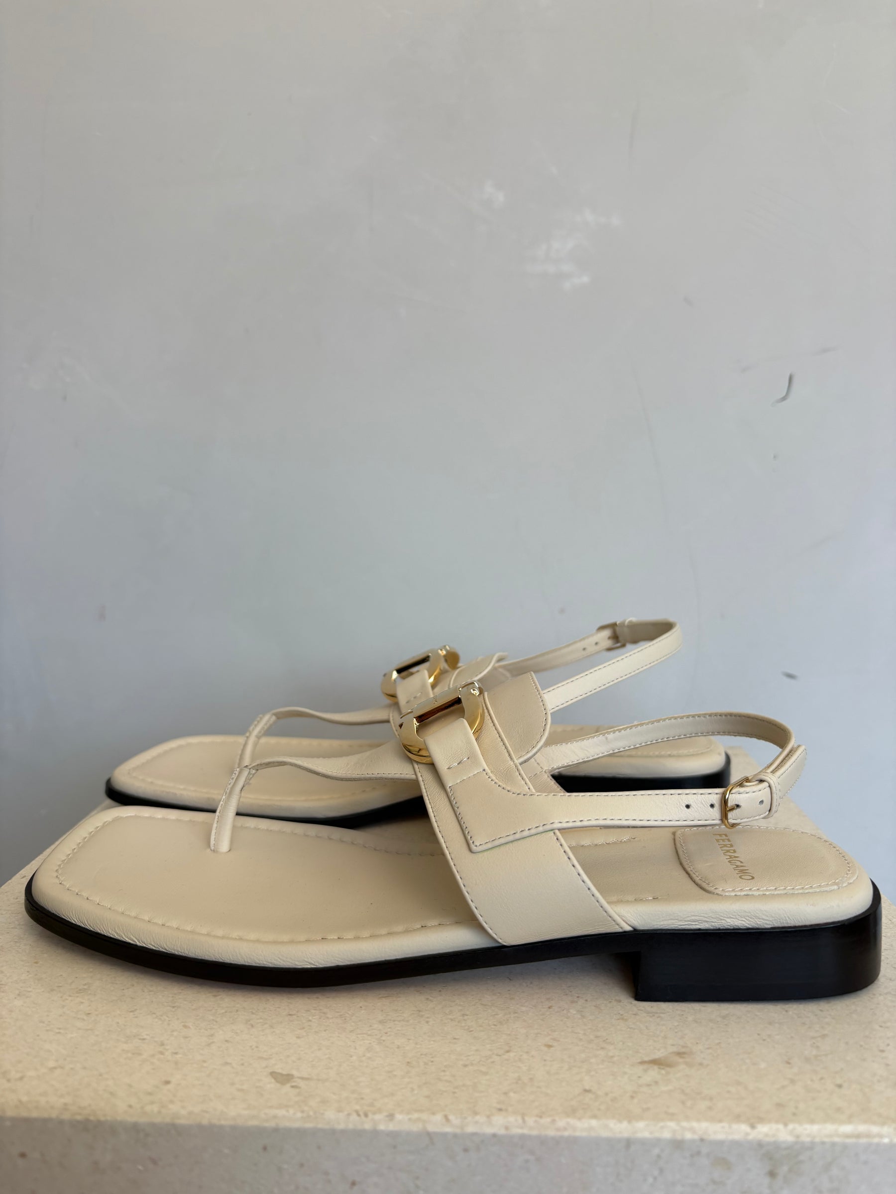 Ferragamo Cream Leather Thong Sandals, 8.5